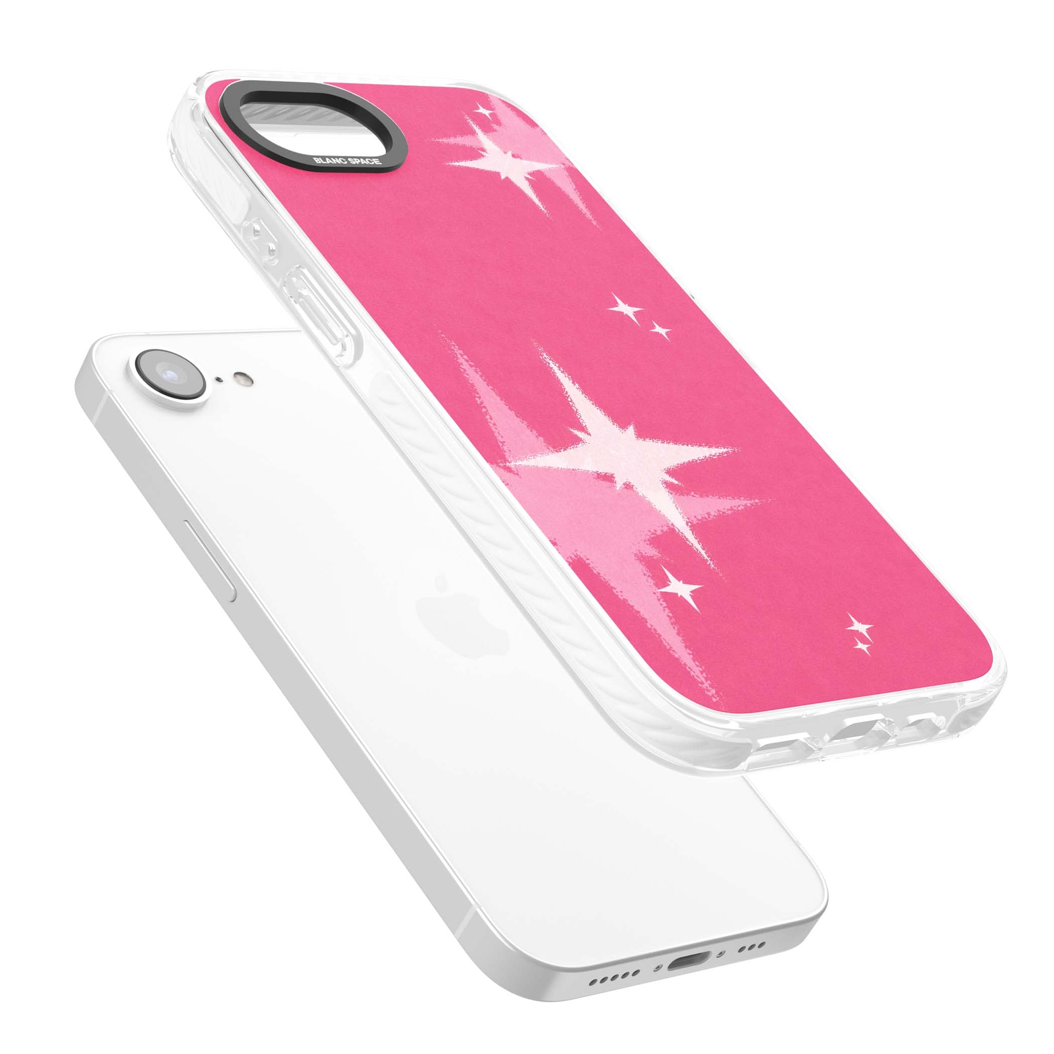 Pink Sparkle Y2K iPhone case featuring hot pink background with shimmering white starburst pattern | Clear Impact case for iPhone 16e, iPhone 17e