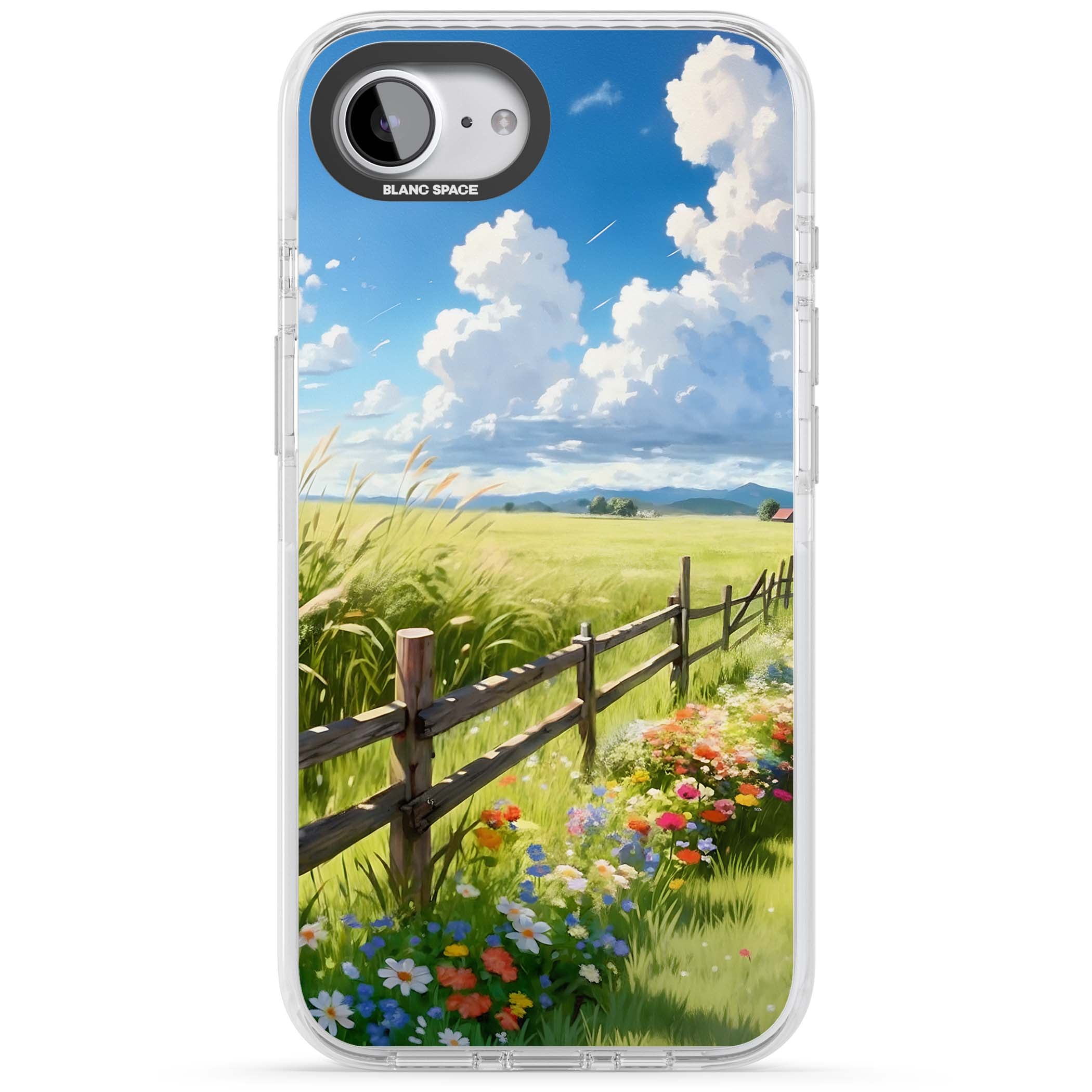 A Countryside Afternoon cottagecore iPhone case featuring a painted countryside meadow, wooden fence, and wildflowers beneath | Clear Impact case for iPhone 16e, iPhone 17e