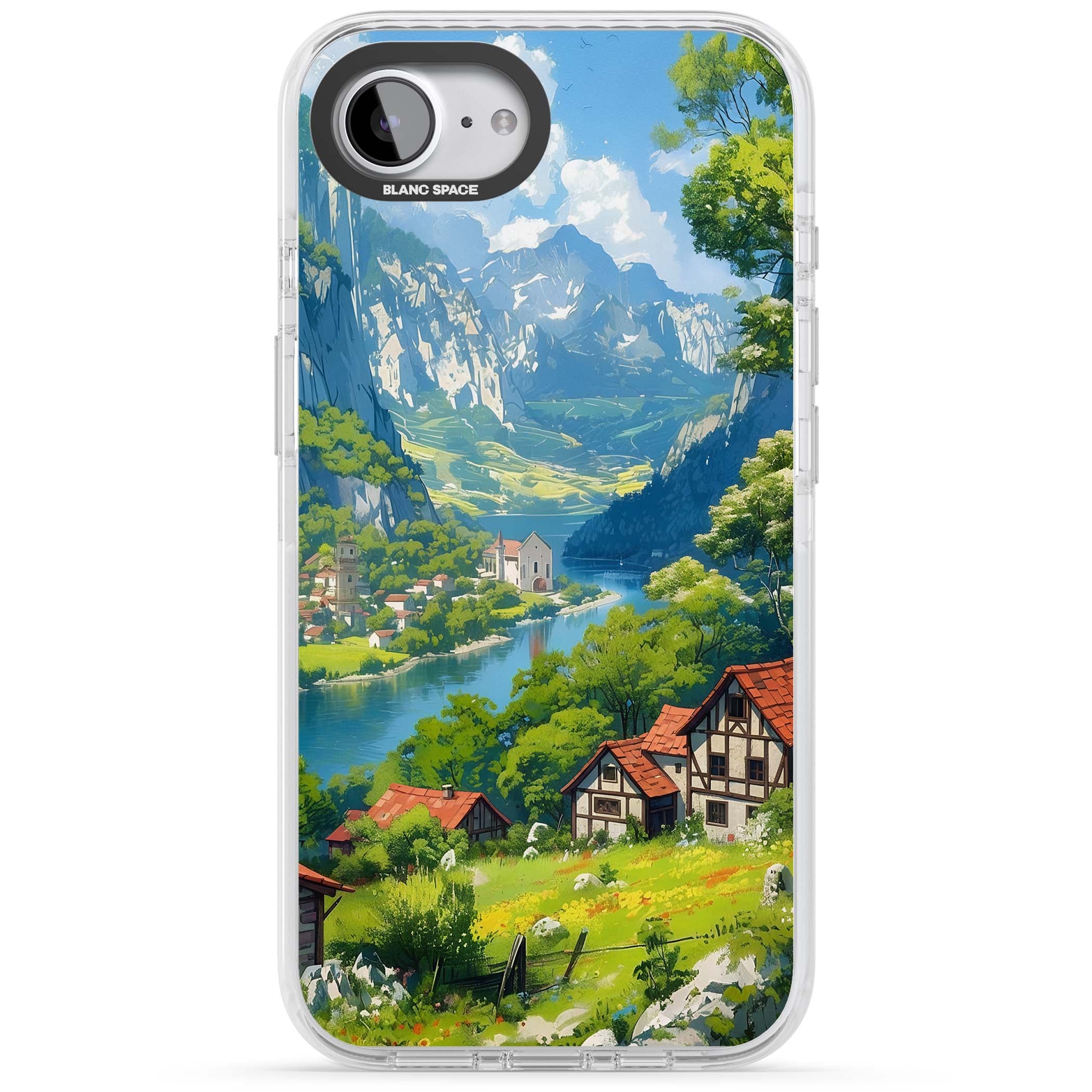 Village In The Valley anime iPhone case featuring a painted mountain village, river valley and half-timbered cottages. | Clear Impact case for iPhone 16e, iPhone 17e