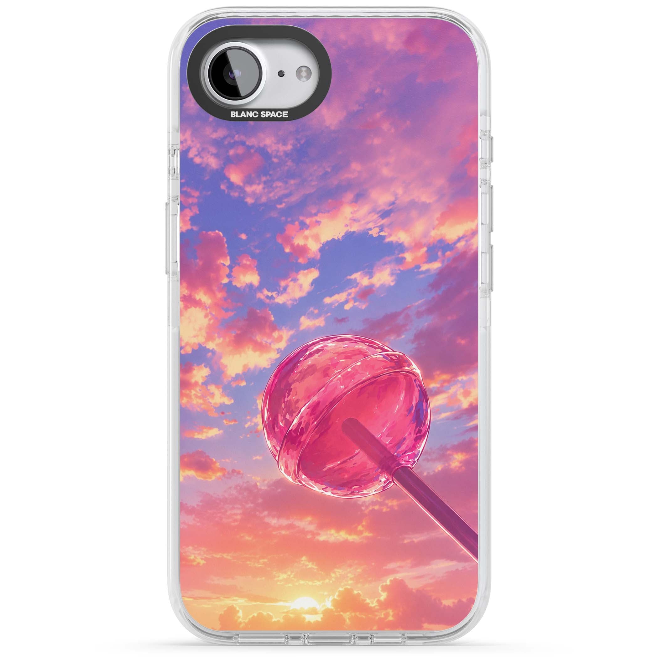 Sugar Sunset candy aesthetic iPhone case featuring a pink lollipop, pastel sunset sky and dreamy clouds | Clear Impact case for iPhone 16e, iPhone 17e