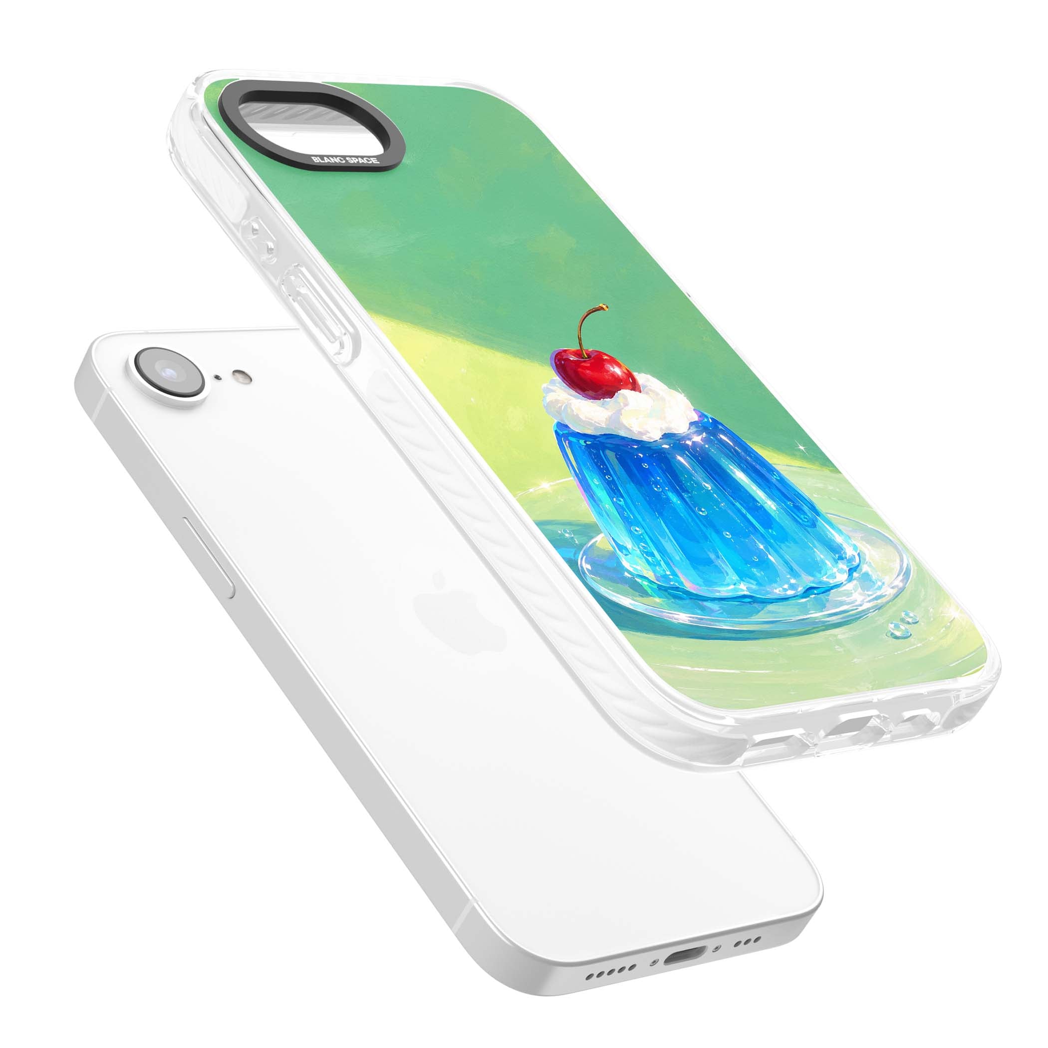 Cherry Jelly kawaii dessert iPhone case featuring blue jelly pudding, whipped cream and a red cherry | Clear Impact case for iPhone 16e, iPhone 17e