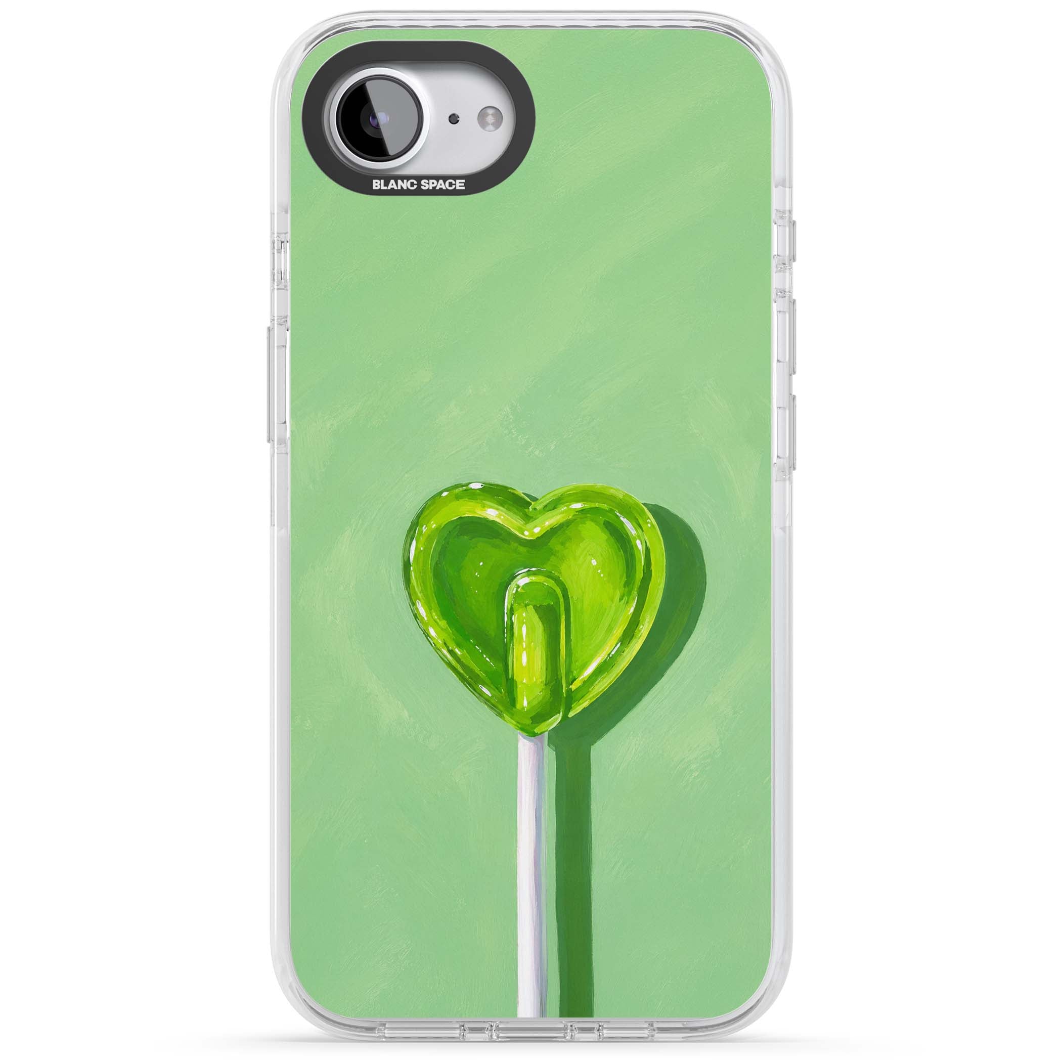 Green Lollipop candy art iPhone case featuring a glossy green heart-shaped lollipop on a painted pastel green background | Clear Impact case for iPhone 16e, iPhone 17e