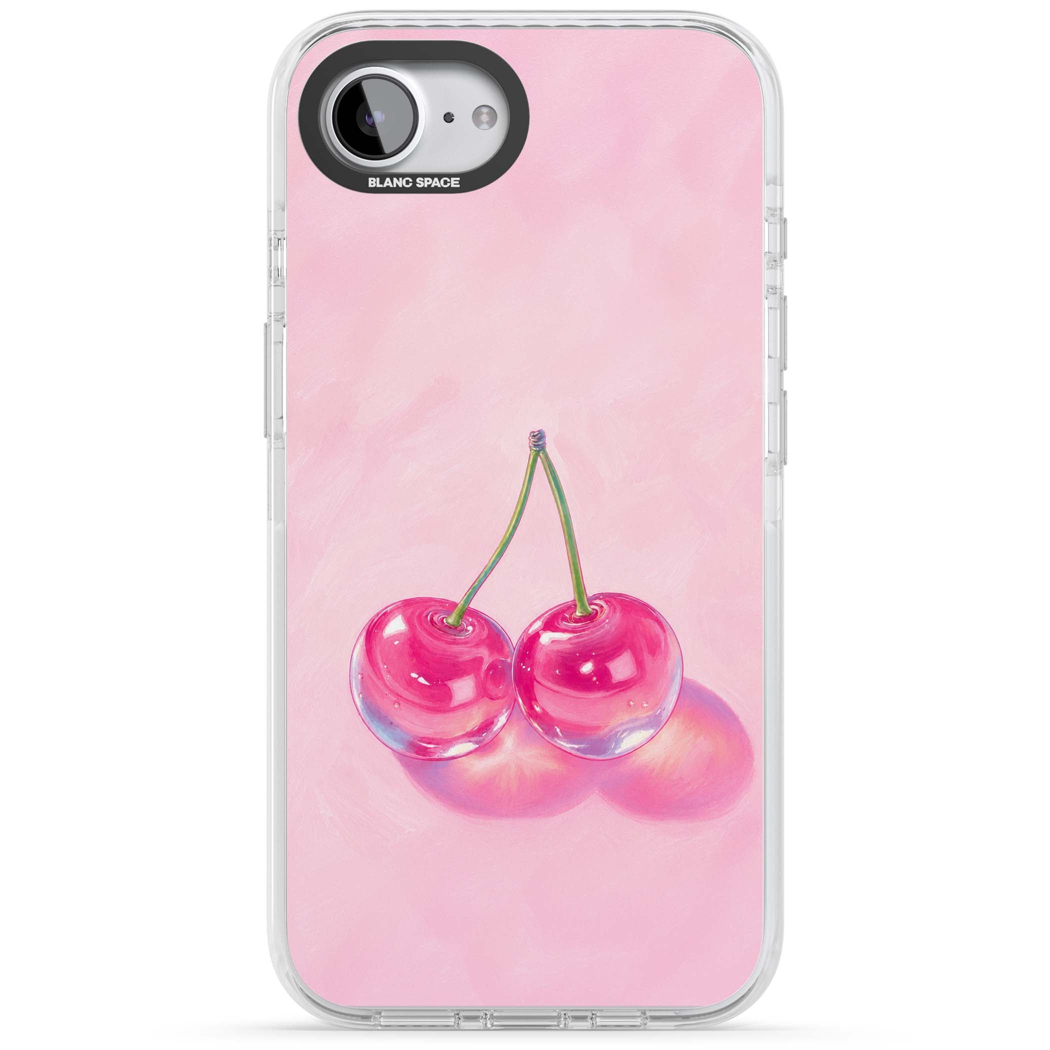 Pink Glass Cherry coquette iPhone case featuring two glossy painted cherries on a soft pink background | Clear Impact case for iPhone 16e, iPhone 17e