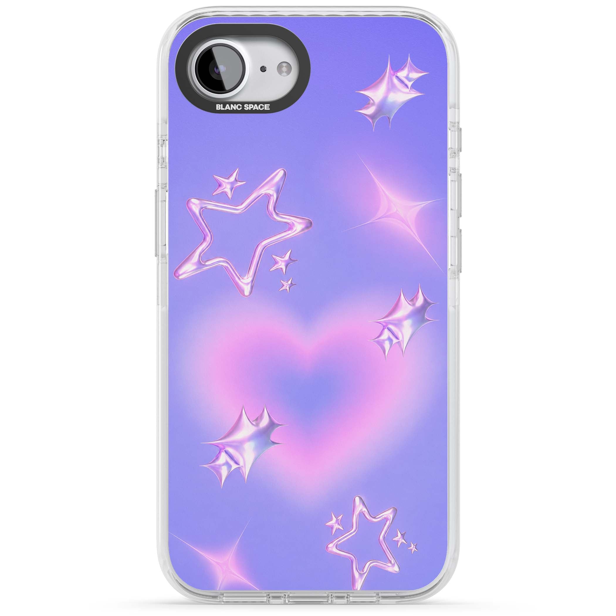 Soft Sugar Y2K iPhone case featuring iridescent chrome hearts, metallic pink stars and a lavender gradient sky | Clear Impact case for iPhone 16e, iPhone 17e