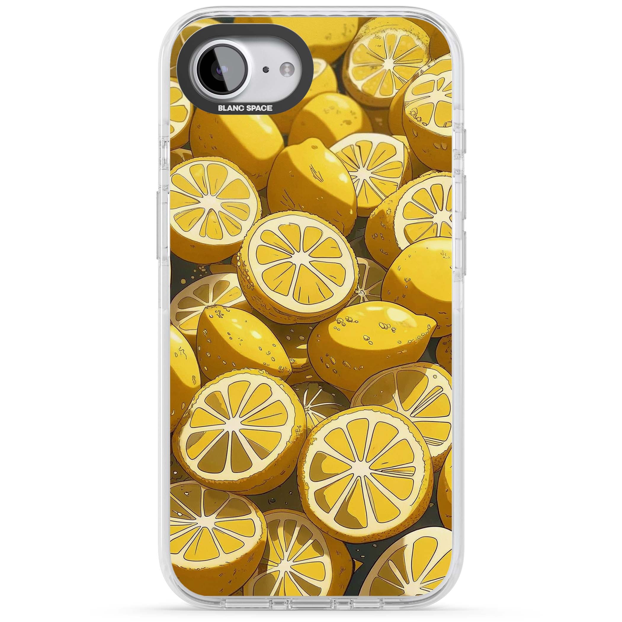 Zesty coastal iPhone case featuring illustrated Mediterranean lemons and citrus slices in golden yellow | Clear Impact case for iPhone 16e, iPhone 17e