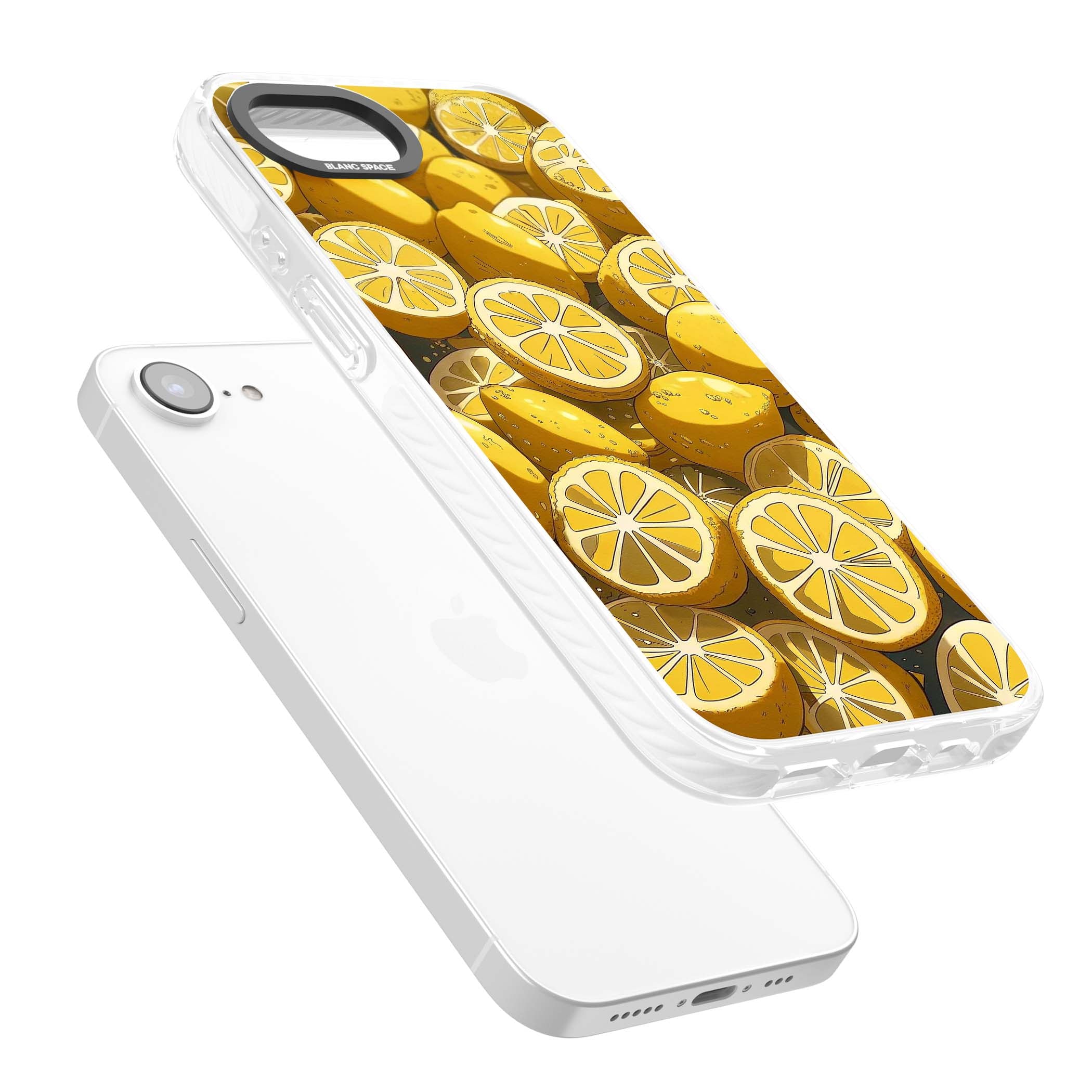 Zesty coastal iPhone case featuring illustrated Mediterranean lemons and citrus slices in golden yellow | Clear Impact case for iPhone 16e, iPhone 17e
