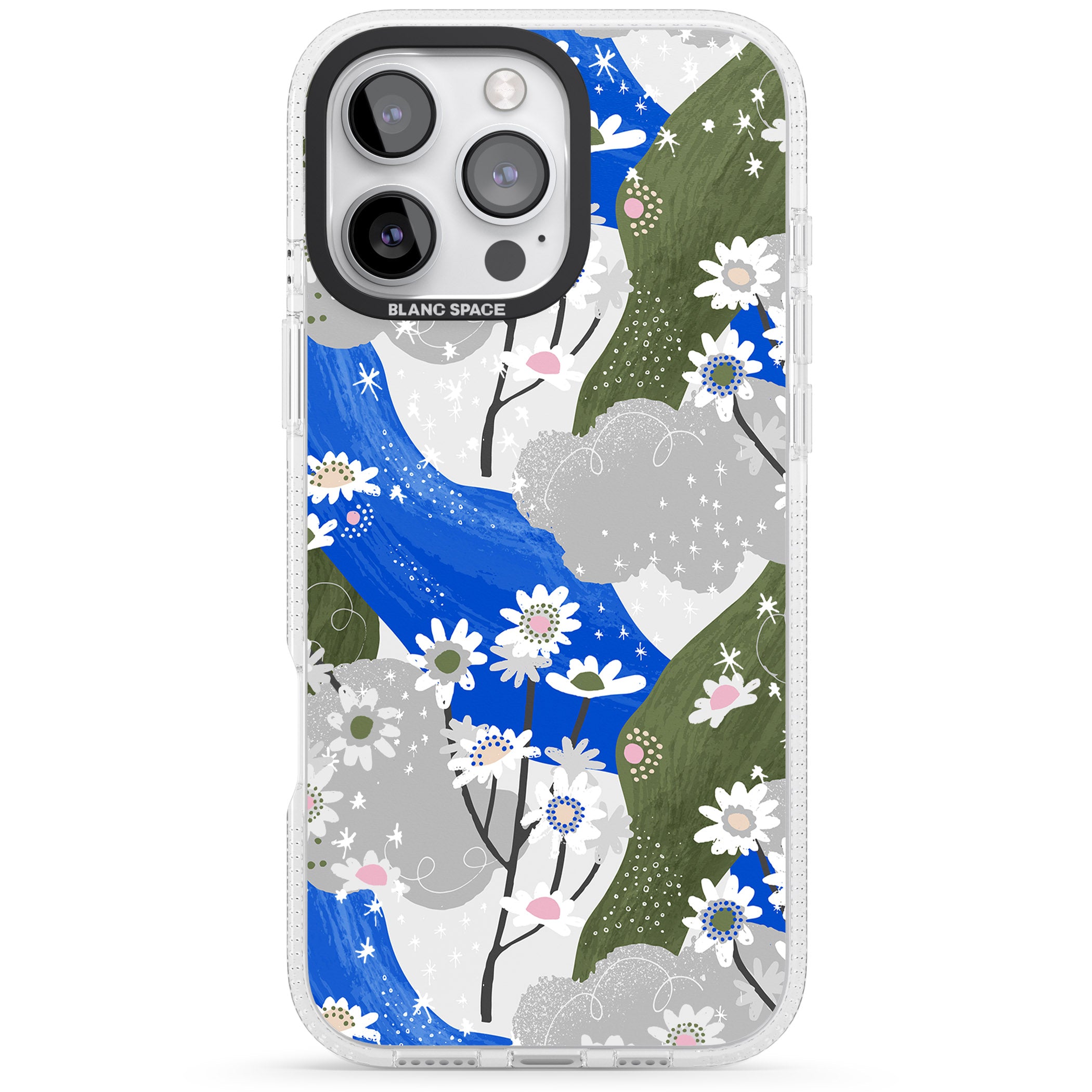 Blue & Grey Daisies Pattern iPhone 16 Pro Max / 16 Pro Clear Case Impact Air - Blanc Space