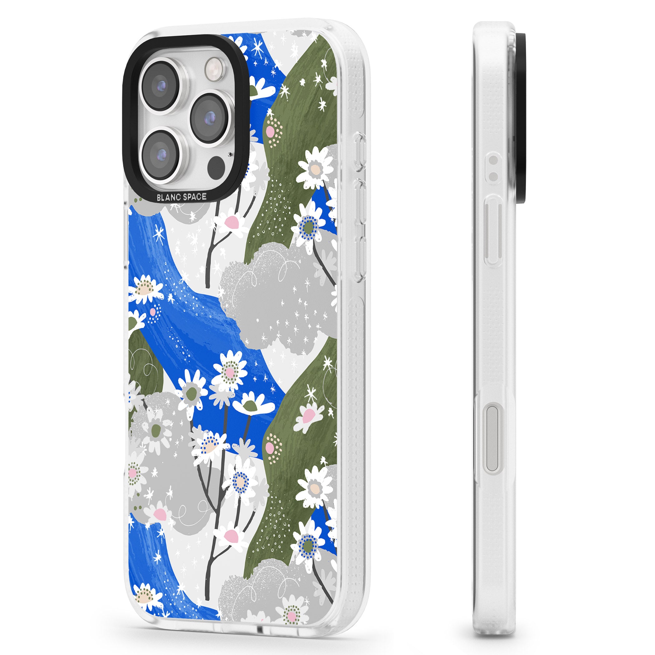 Blue & Grey Daisies Pattern iPhone 16 Pro Max / 16 Pro Clear Case Impact Air - Blanc Space