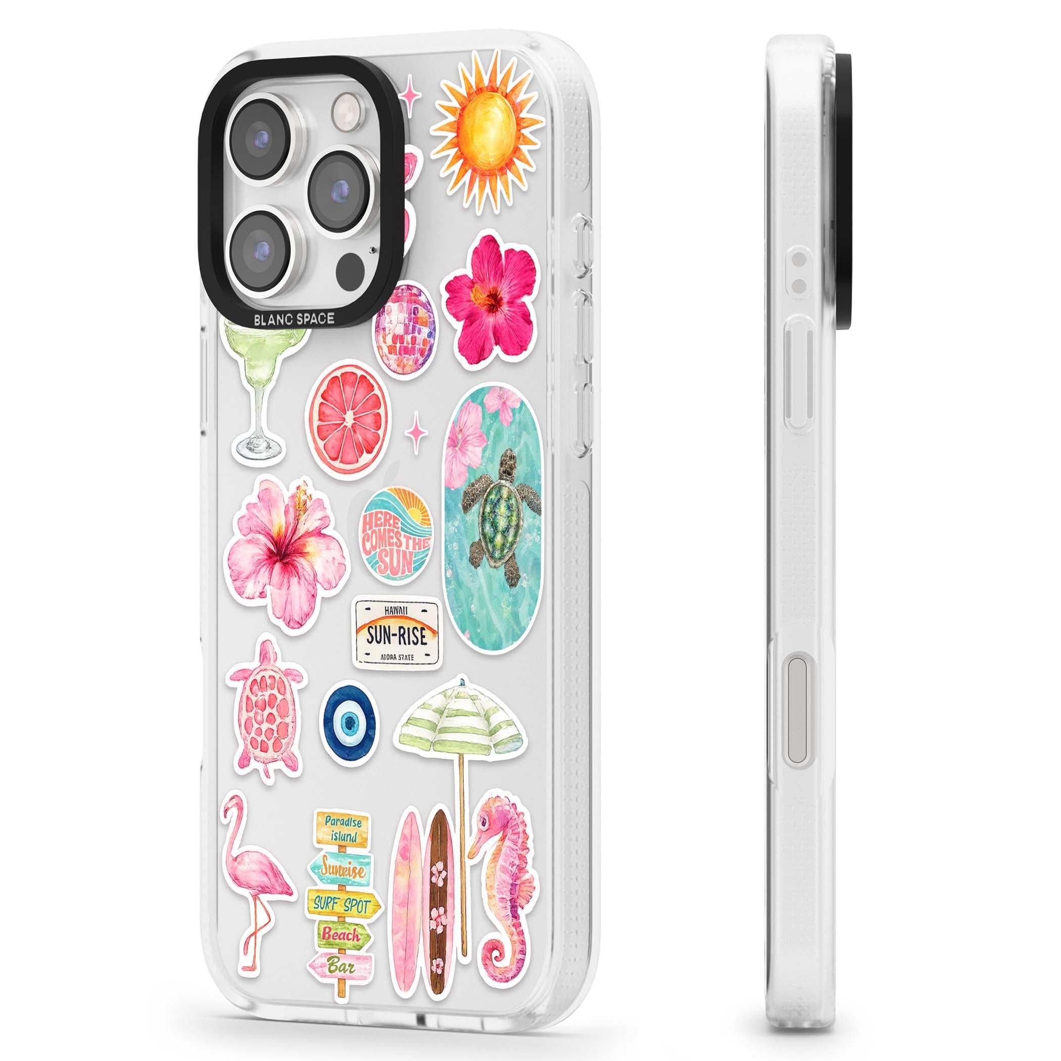 Aloha Sticker Mix tropical summer iPhone case featuring pink hibiscus, sea turtles, flamingo and beach umbrella stickers | Clear Case Impact Air case for iPhone 16 Pro, iPhone 16 Pro Max