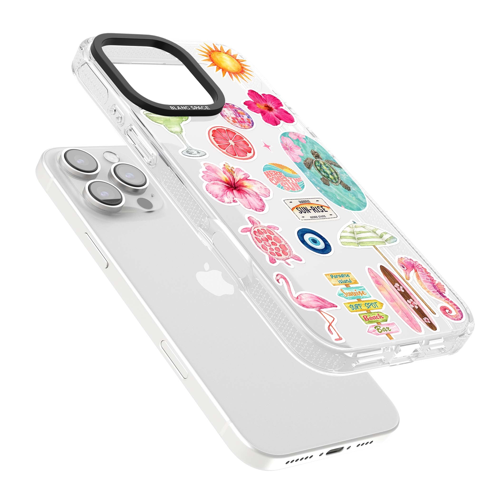 Aloha Sticker Mix tropical summer iPhone case featuring pink hibiscus, sea turtles, flamingo and beach umbrella stickers | Clear Case Impact Air case for iPhone 16 Pro, iPhone 16 Pro Max