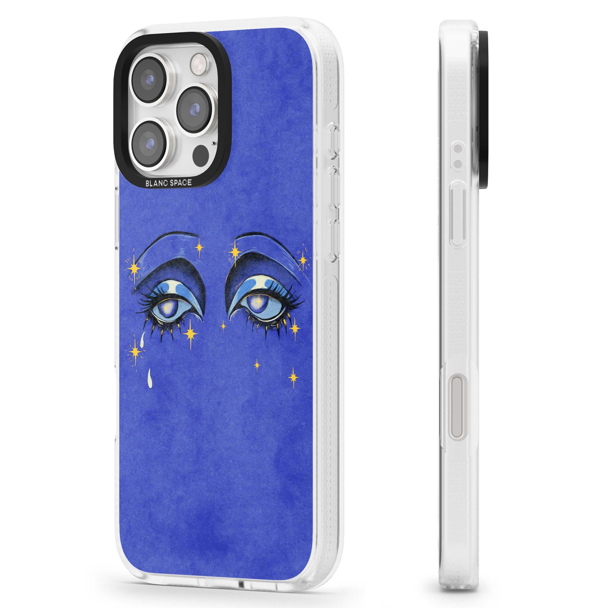 Blue Mystic Eyes celestial iPhone case featuring hand drawn blue mystical eyes, golden stars and a painted tear on indigo | Clear Case Impact Air case for iPhone 16 Pro, iPhone 16 Pro Max
