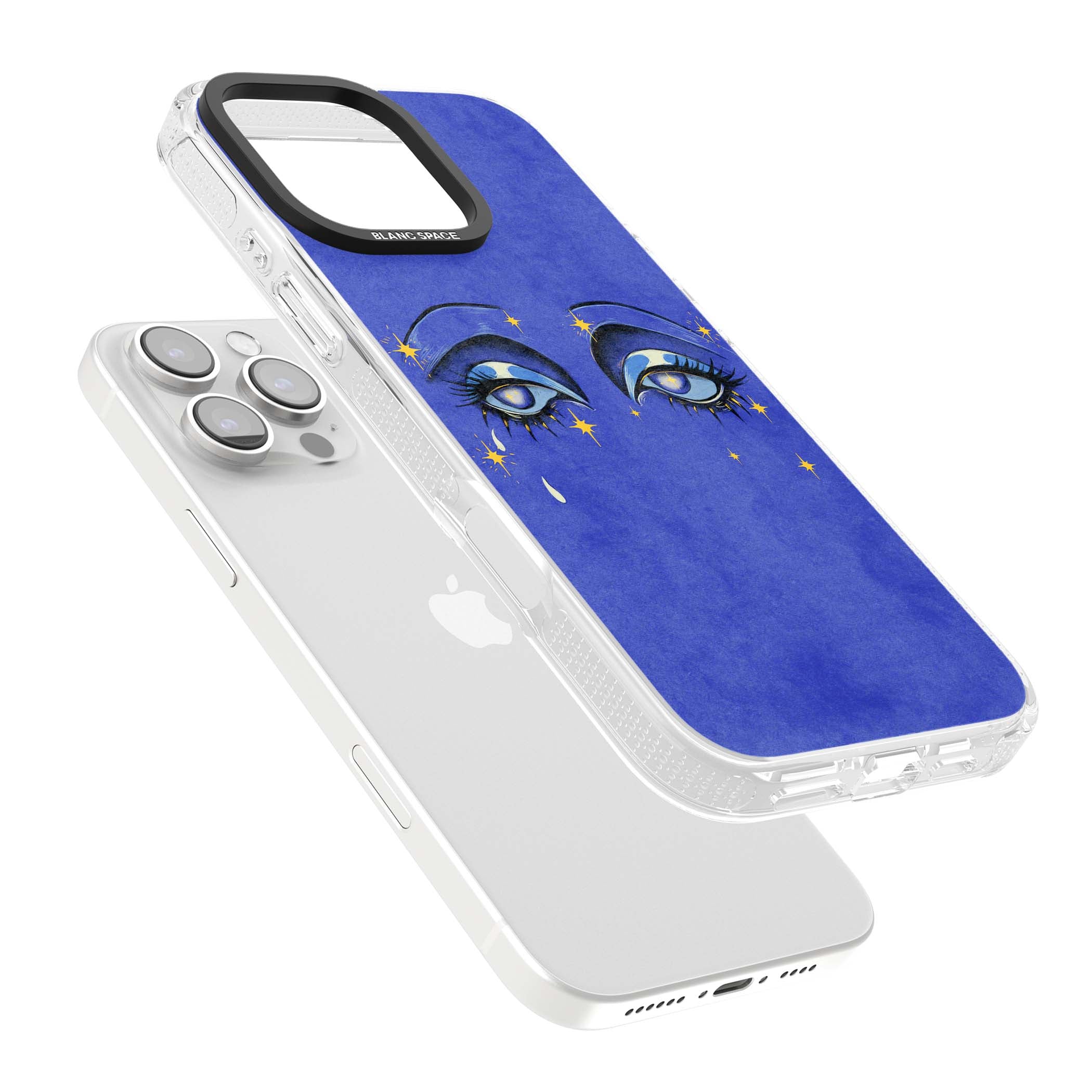Blue Mystic Eyes celestial iPhone case featuring hand drawn blue mystical eyes, golden stars and a painted tear on indigo | Clear Case Impact Air case for iPhone 16 Pro, iPhone 16 Pro Max