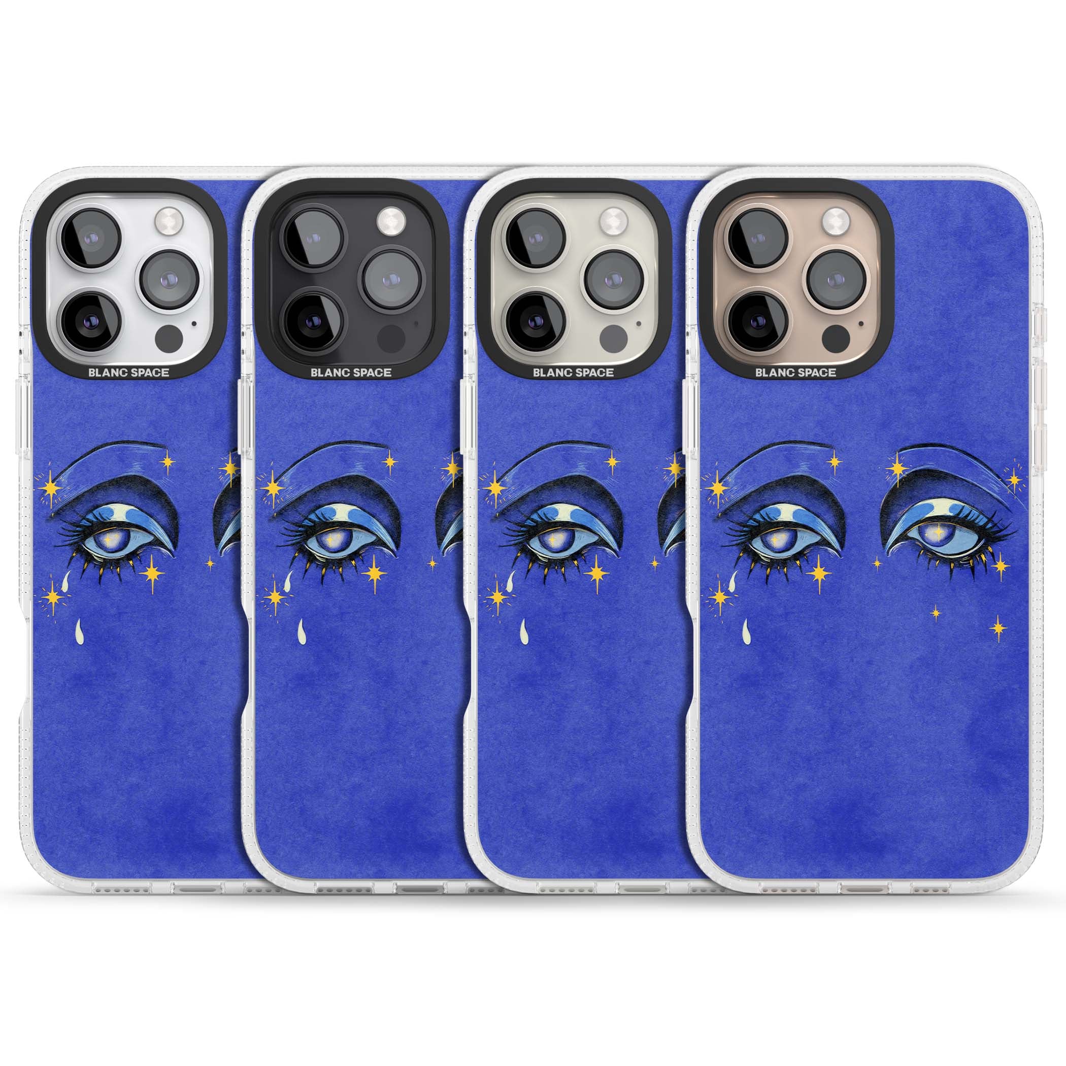 Blue Mystic Eyes celestial iPhone case featuring hand drawn blue mystical eyes, golden stars and a painted tear on indigo | Clear Case Impact Air case for iPhone 16 Pro, iPhone 16 Pro Max