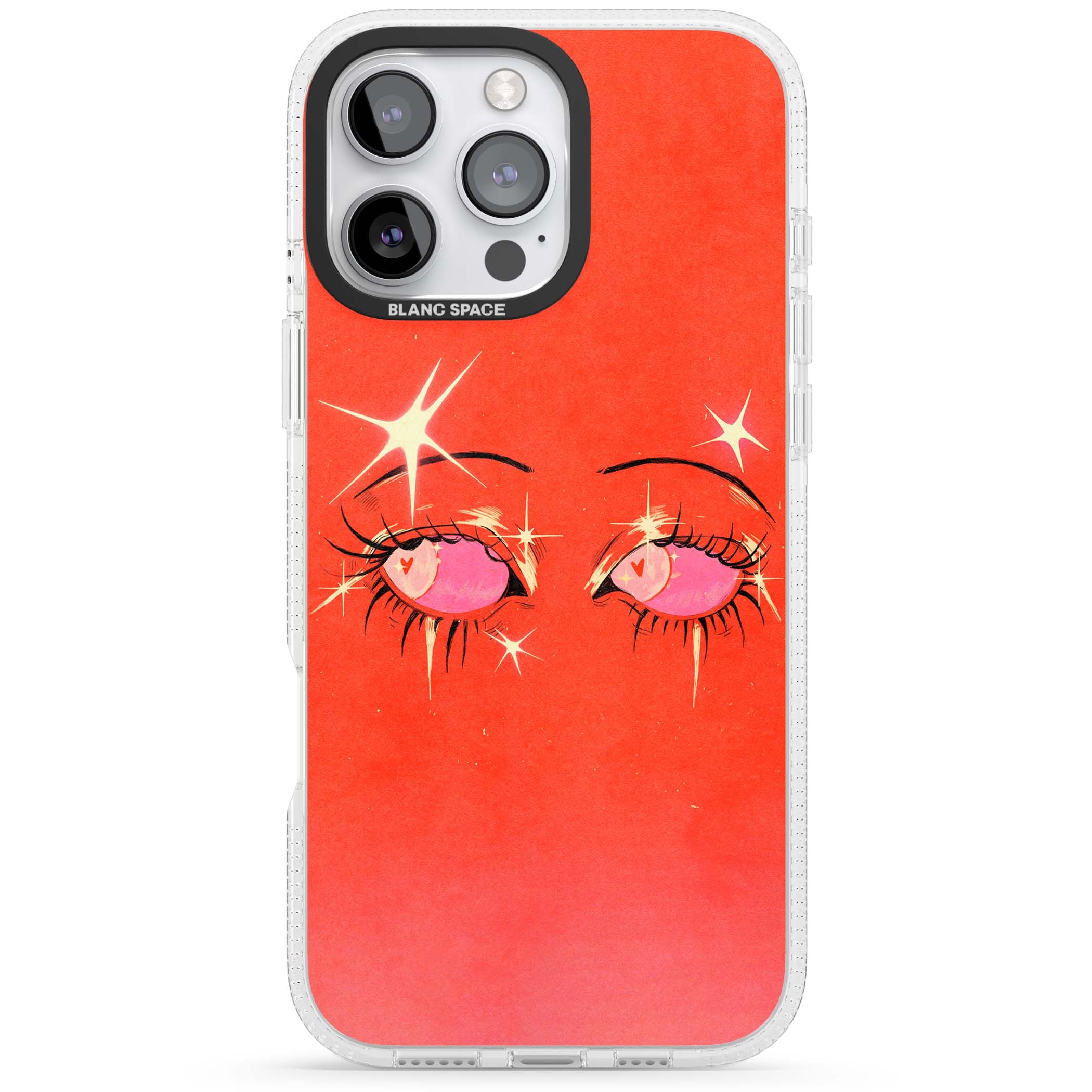 Pink Ethereal Eyes anime iPhone case featuring hand-drawn sparkly eyes with pink hearts and gold stars on red | Clear Case Impact Air case for iPhone 16 Pro, iPhone 16 Pro Max