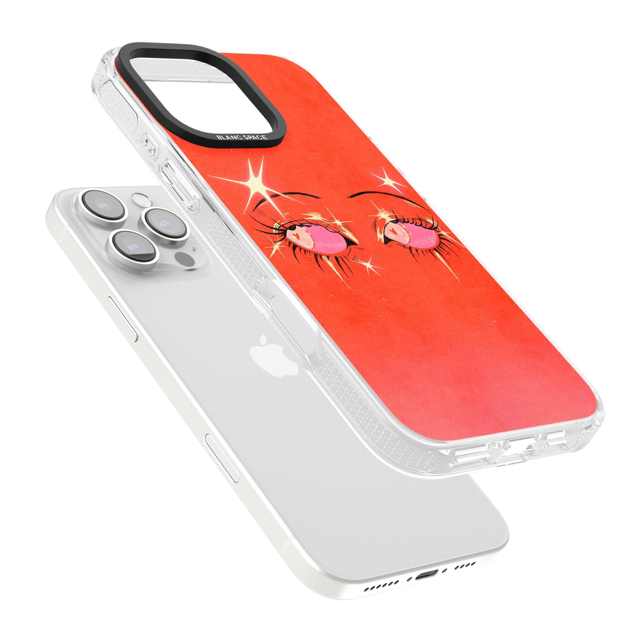 Pink Ethereal Eyes anime iPhone case featuring hand-drawn sparkly eyes with pink hearts and gold stars on red | Clear Case Impact Air case for iPhone 16 Pro, iPhone 16 Pro Max