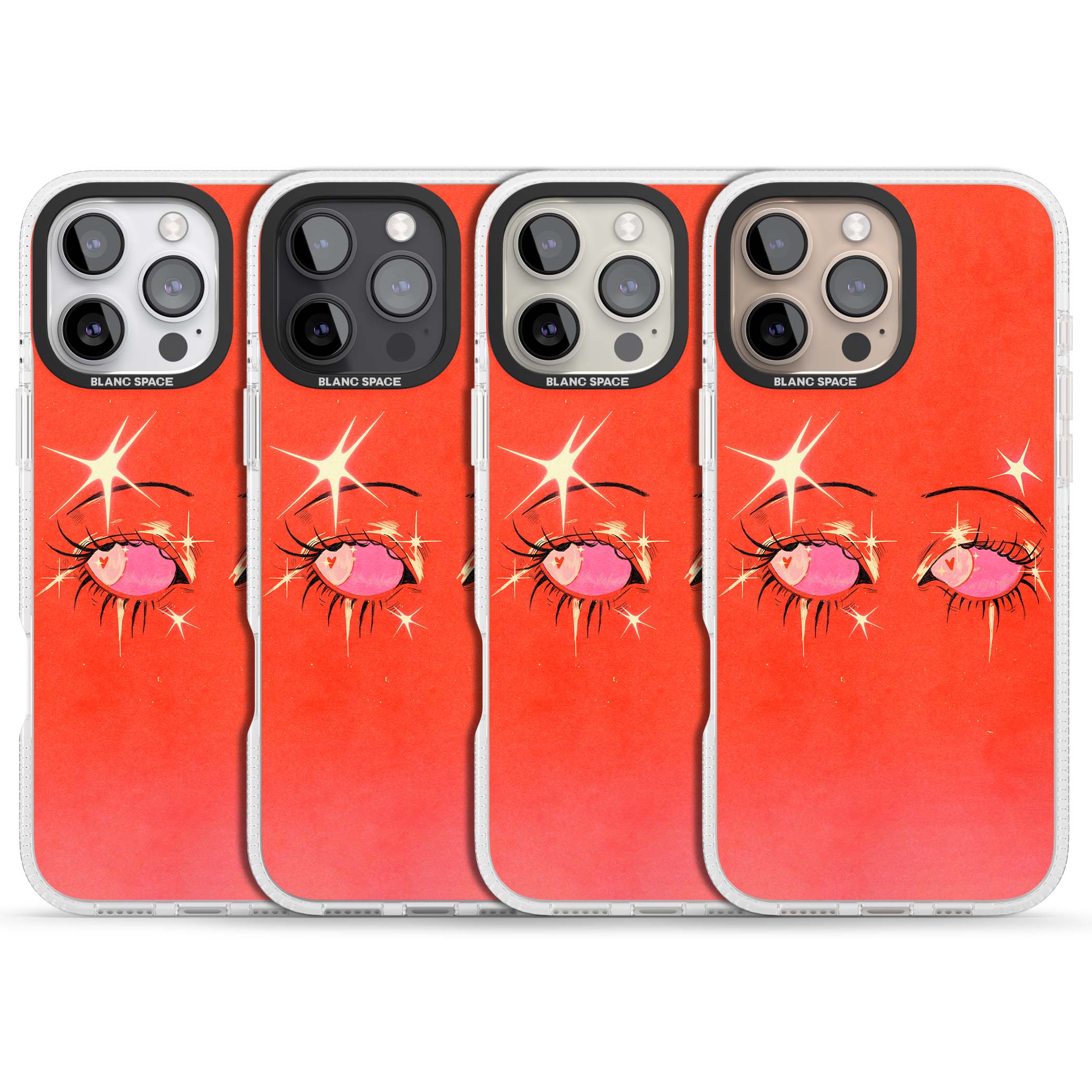 Pink Ethereal Eyes anime iPhone case featuring hand-drawn sparkly eyes with pink hearts and gold stars on red | Clear Case Impact Air case for iPhone 16 Pro, iPhone 16 Pro Max