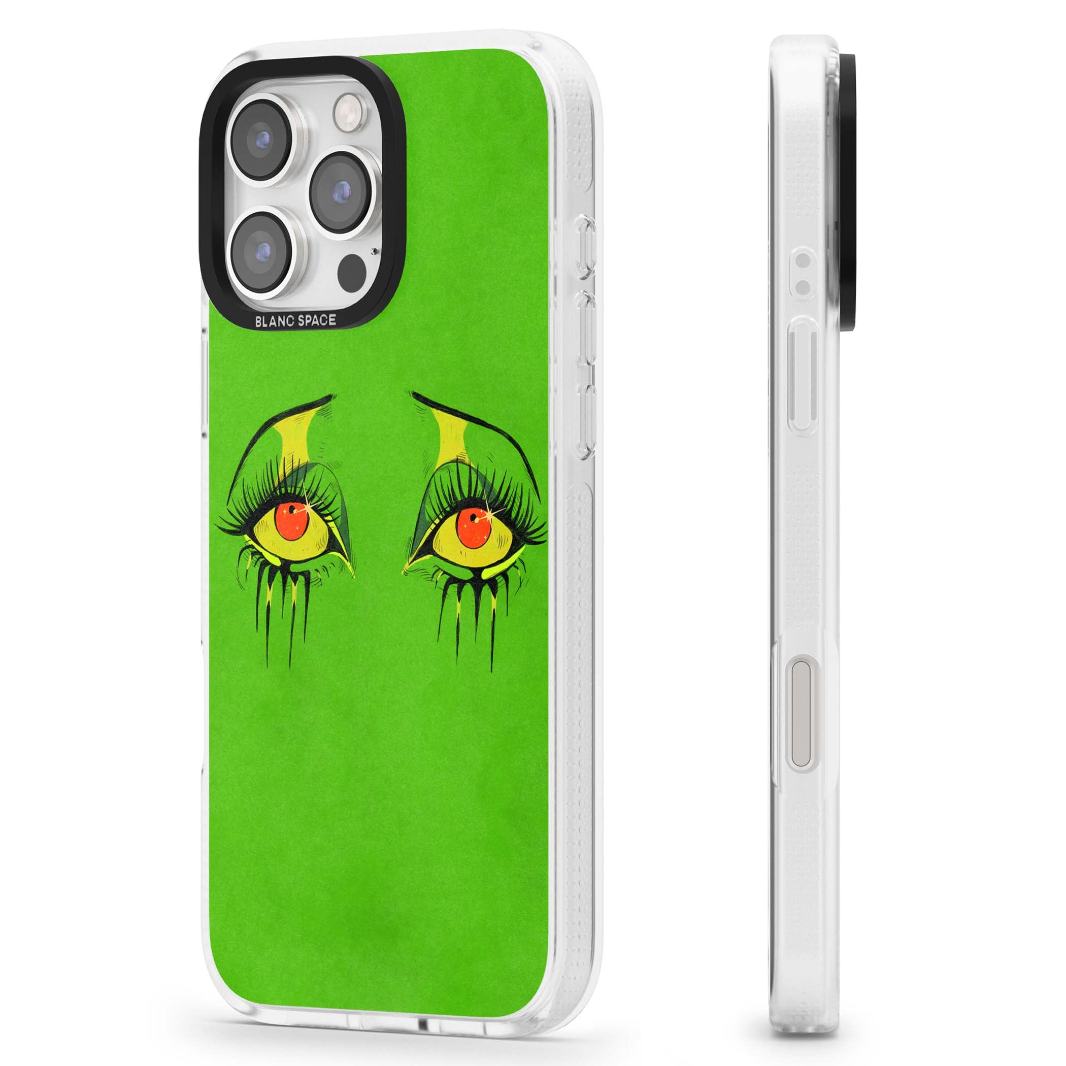 Green Enchanted Eyes psychedelic art iPhone case featuring hand-drawn dripping eyes on neon green background | Clear Case Impact Air case for iPhone 16 Pro, iPhone 16 Pro Max