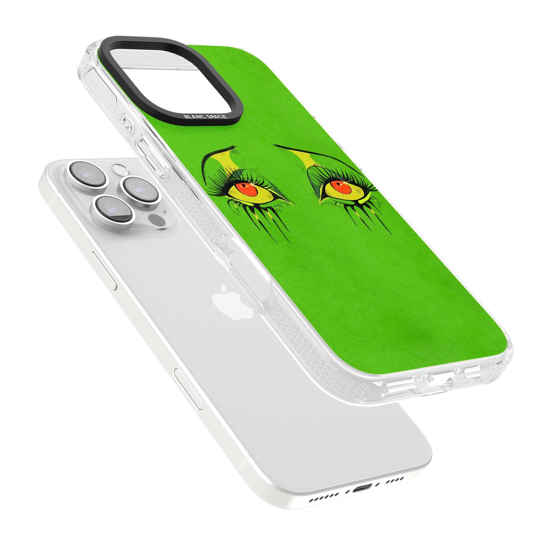 Green Enchanted Eyes psychedelic art iPhone case featuring hand-drawn dripping eyes on neon green background | Clear Case Impact Air case for iPhone 16 Pro, iPhone 16 Pro Max