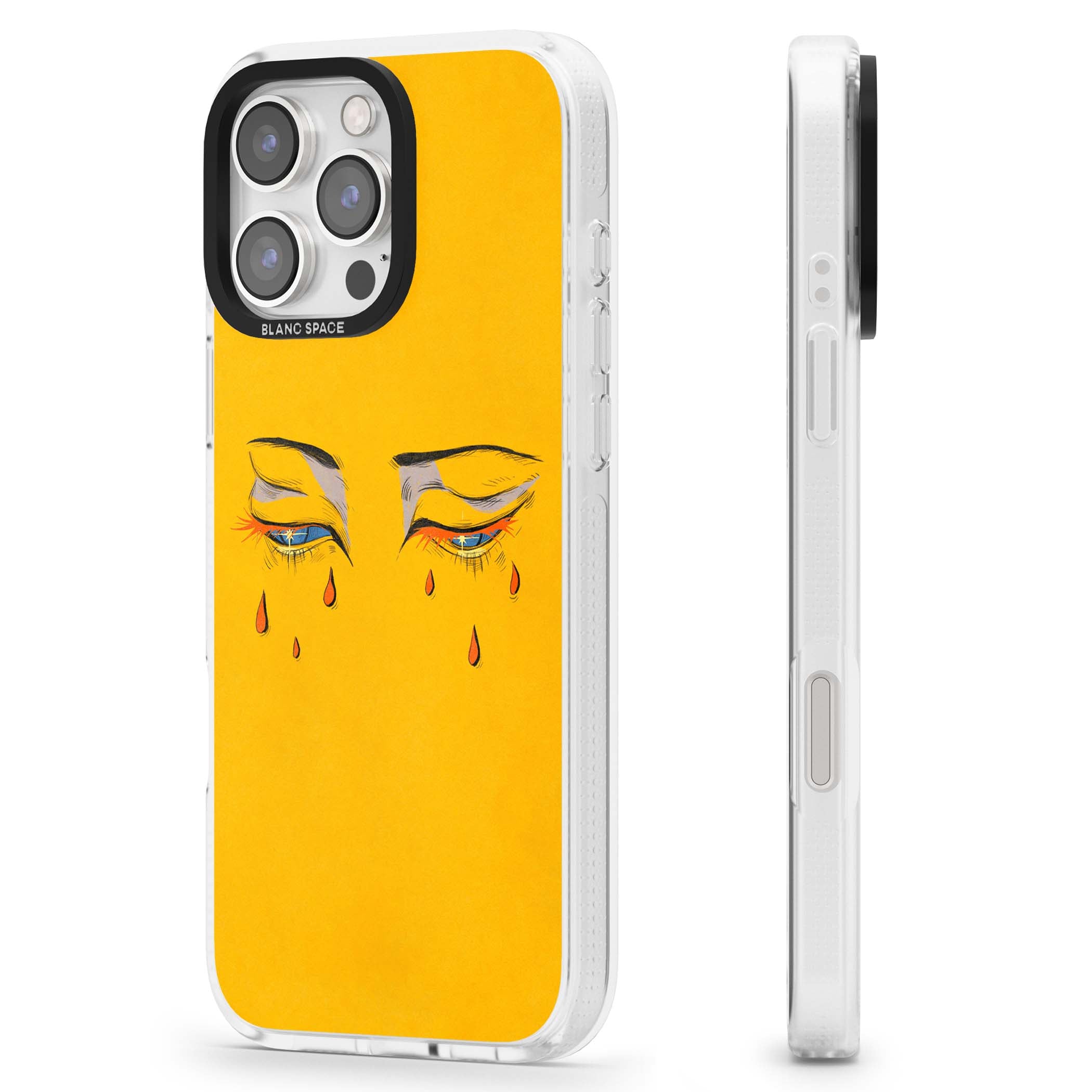 Yellow Tearful Eyes indie iPhone case featuring hand-drawn crying eyes with orange tears on a yellow background | Clear Case Impact Air case for iPhone 16 Pro, iPhone 16 Pro Max