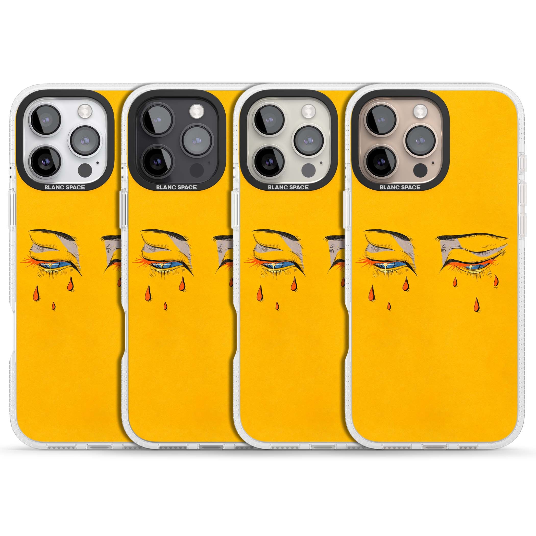 Yellow Tearful Eyes indie iPhone case featuring hand-drawn crying eyes with orange tears on a yellow background | Clear Case Impact Air case for iPhone 16 Pro, iPhone 16 Pro Max
