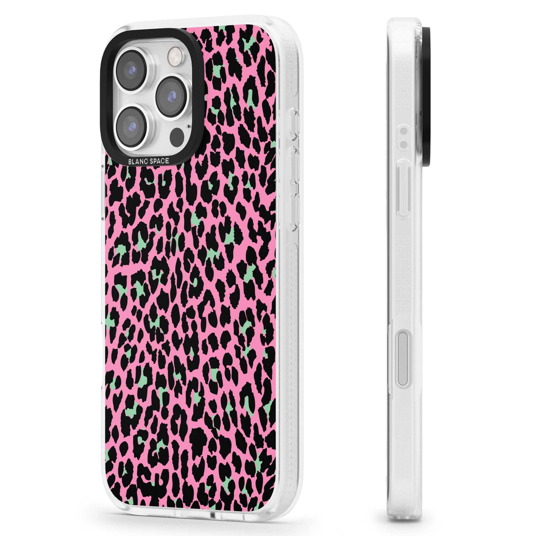 Green on Pink Leopard Print Pattern iPhone 16 Pro Max / 16 Pro Clear Case Impact Air - Blanc Space