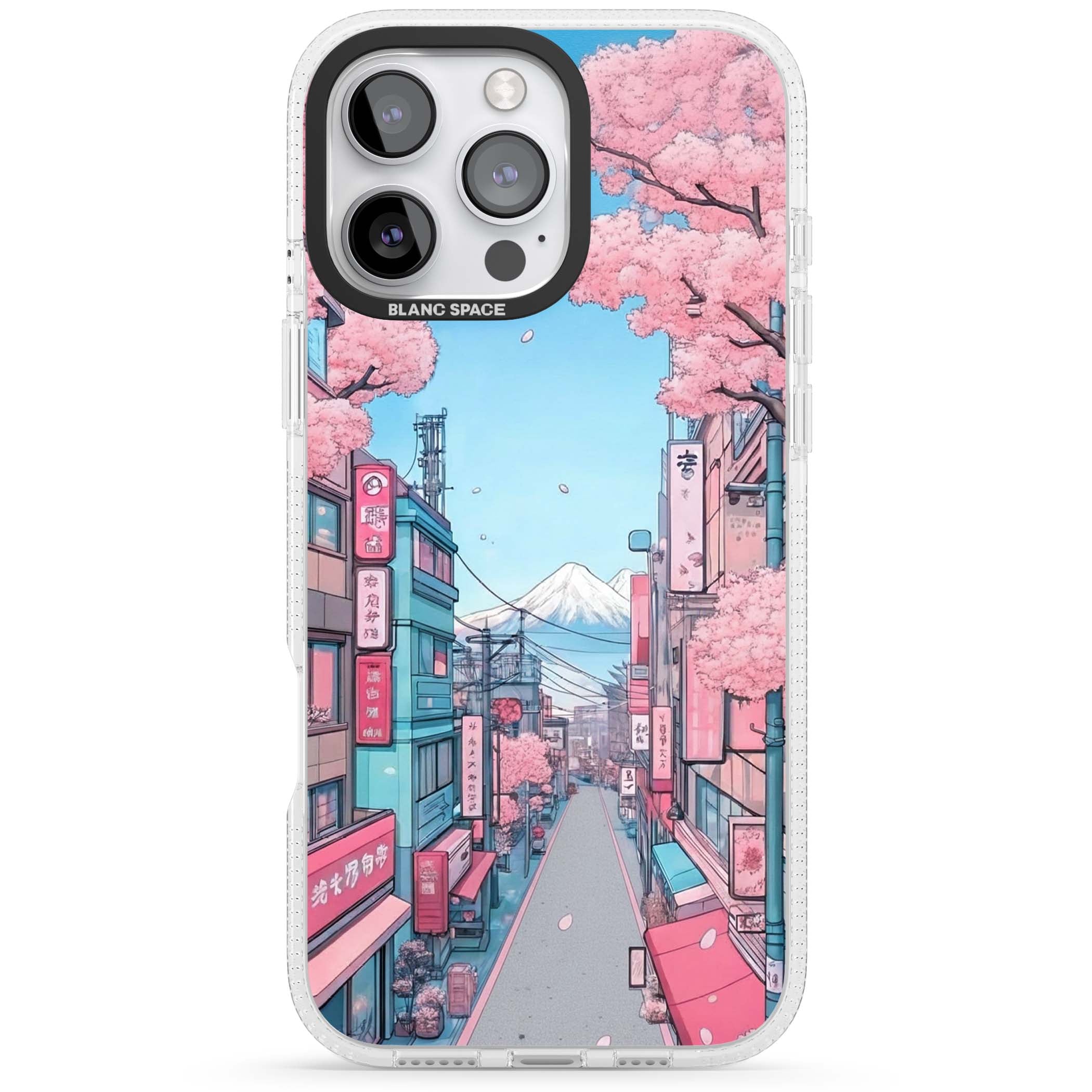 Sakura Lane anime iPhone case featuring Tokyo street scene with cherry blossoms and Mount Fuji | Clear Case Impact Air case for iPhone 16 Pro, iPhone 16 Pro Max