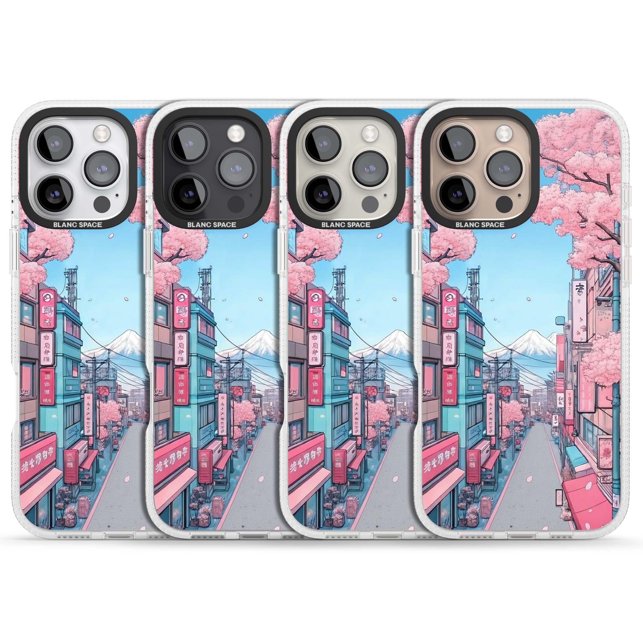 Sakura Lane anime iPhone case featuring Tokyo street scene with cherry blossoms and Mount Fuji | Clear Case Impact Air case for iPhone 16 Pro, iPhone 16 Pro Max