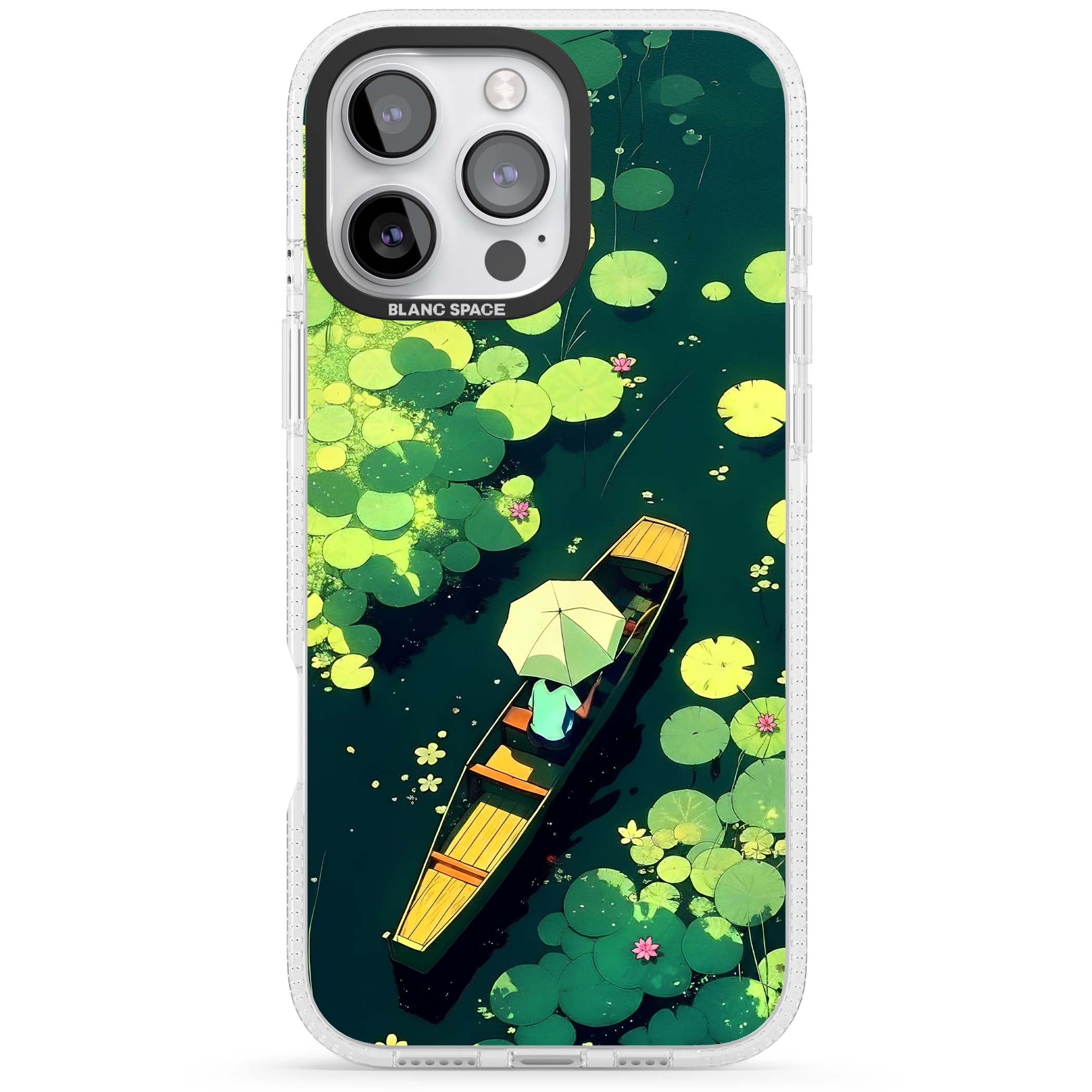 Jade Waters cottagecore iPhone case featuring a painted lily pond, wooden boat with parasol and floating water lilies | Clear Case Impact Air case for iPhone 16 Pro, iPhone 16 Pro Max