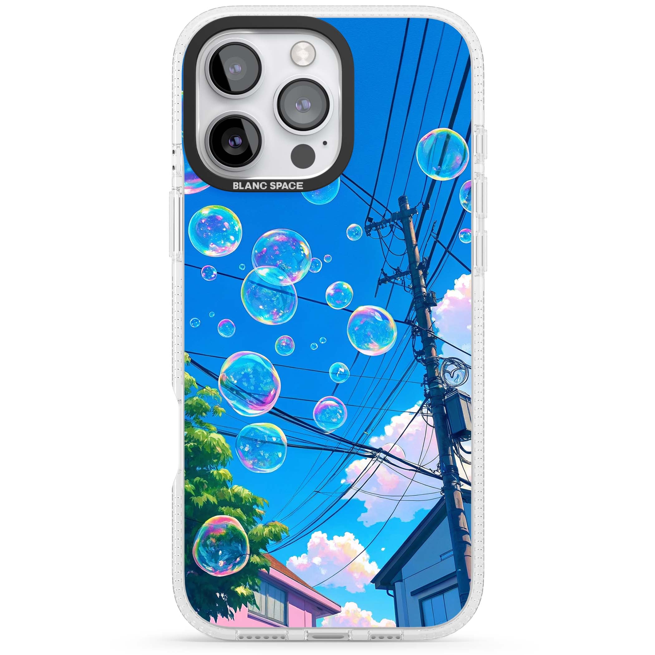 Suburban Bubbles anime iPhone case featuring iridescent soap bubbles, blue sky and Japanese telephone wires | Clear Case Impact Air case for iPhone 16 Pro, iPhone 16 Pro Max