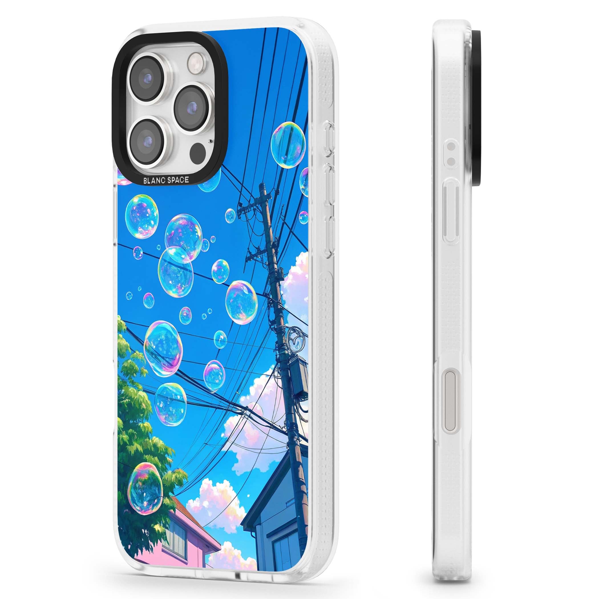 Suburban Bubbles anime iPhone case featuring iridescent soap bubbles, blue sky and Japanese telephone wires | Clear Case Impact Air case for iPhone 16 Pro, iPhone 16 Pro Max