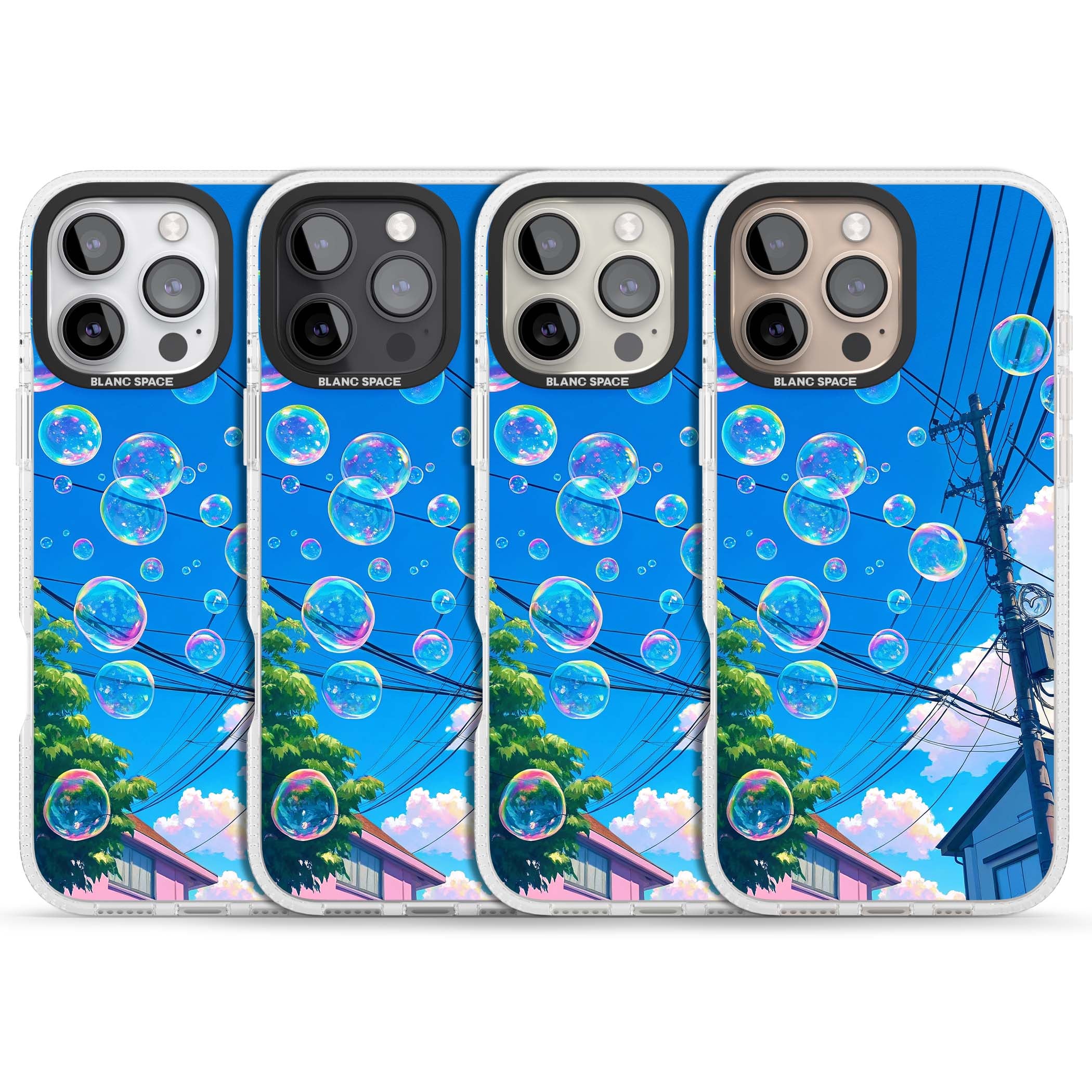 Suburban Bubbles anime iPhone case featuring iridescent soap bubbles, blue sky and Japanese telephone wires | Clear Case Impact Air case for iPhone 16 Pro, iPhone 16 Pro Max