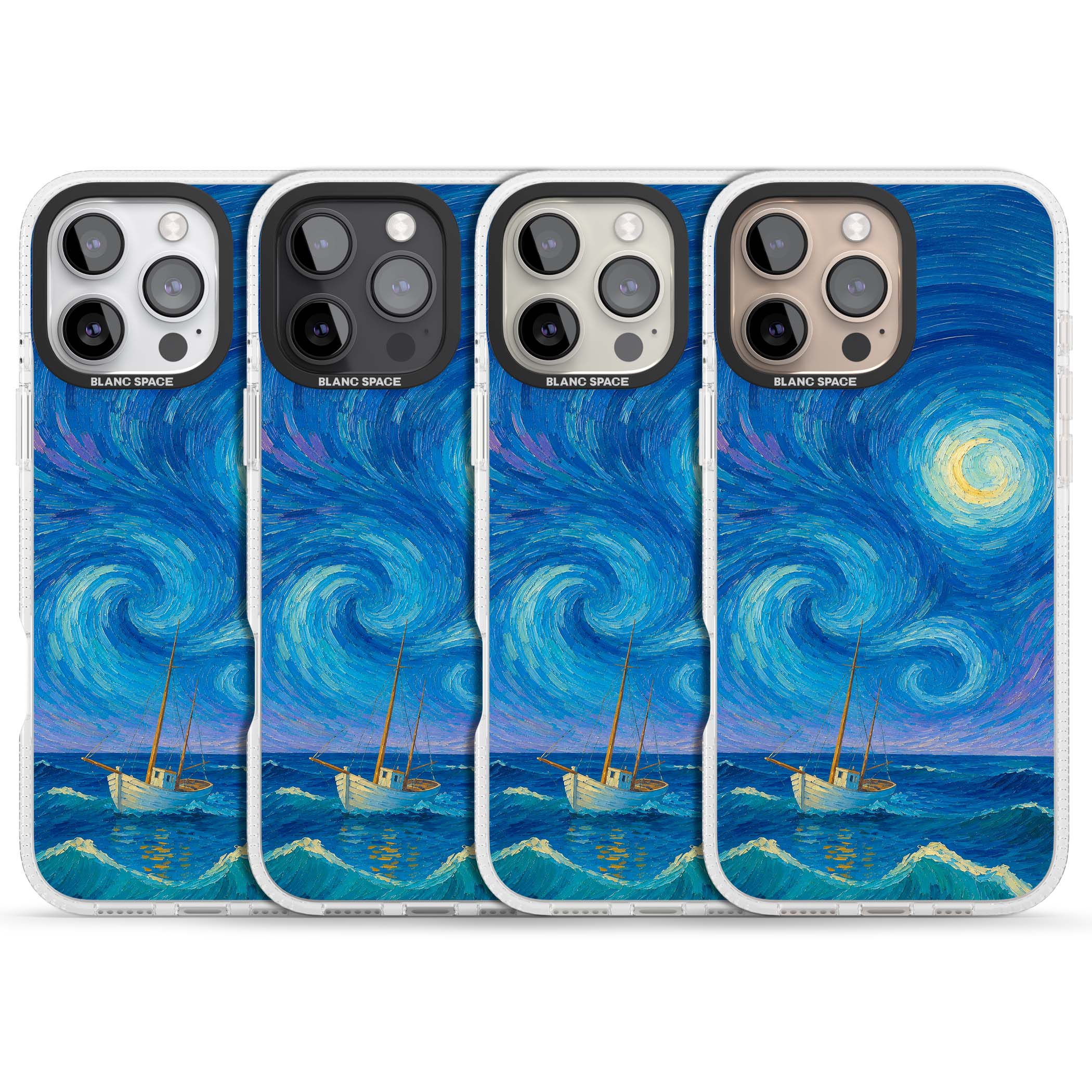 Moonlit Tide Van Gogh art iPhone case featuring swirling starry night sky, glowing moon and lone sailing boat at sea | Clear Case Impact Air case for iPhone 16 Pro, iPhone 16 Pro Max