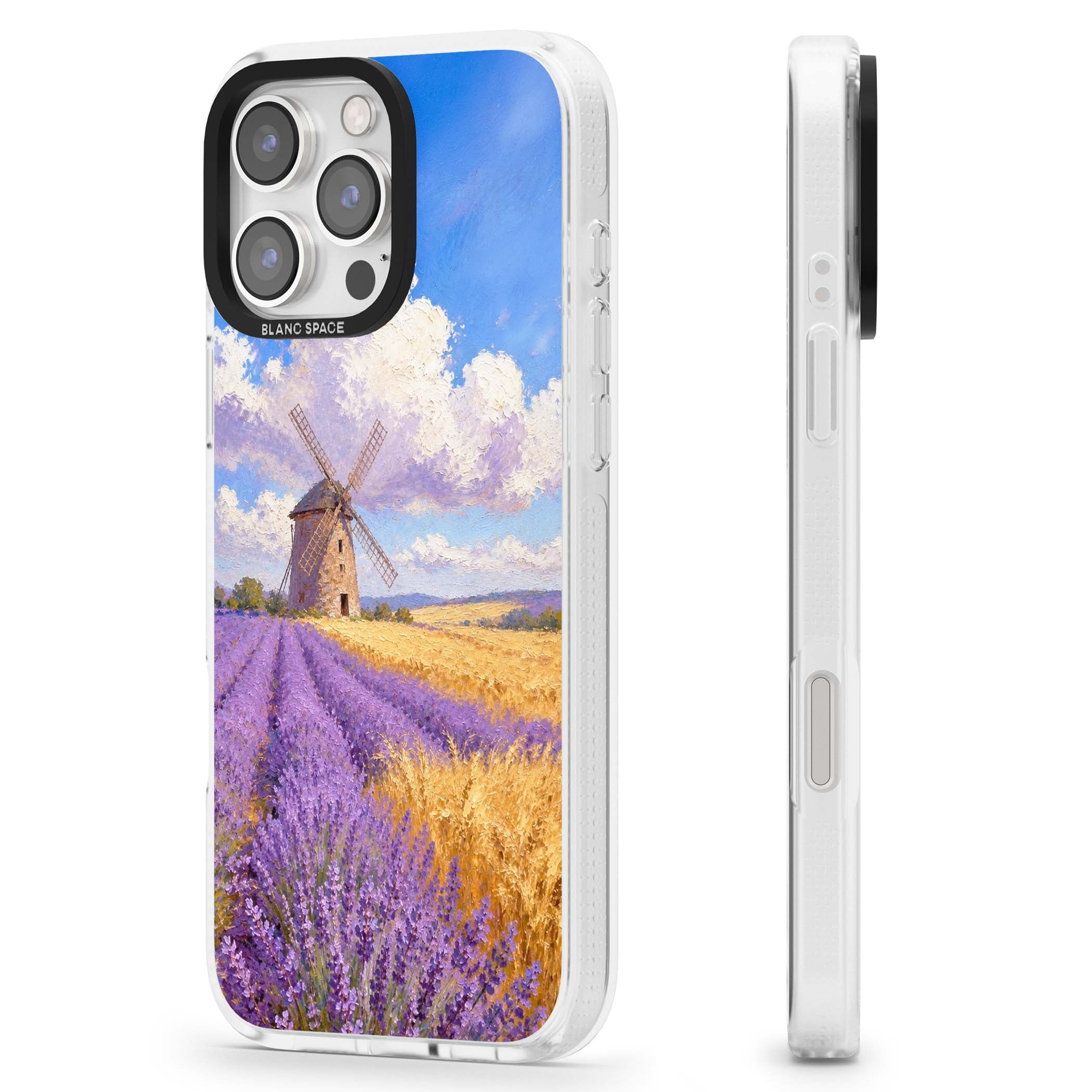 Lavender Mill cottagecore iPhone case featuring a French windmill, lavender field and golden wheat oil painting | Clear Case Impact Air case for iPhone 16 Pro, iPhone 16 Pro Max