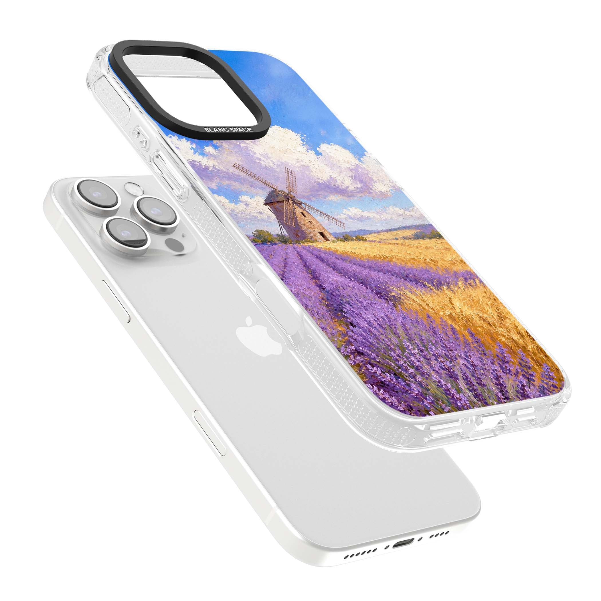 Lavender Mill cottagecore iPhone case featuring a French windmill, lavender field and golden wheat oil painting | Clear Case Impact Air case for iPhone 16 Pro, iPhone 16 Pro Max