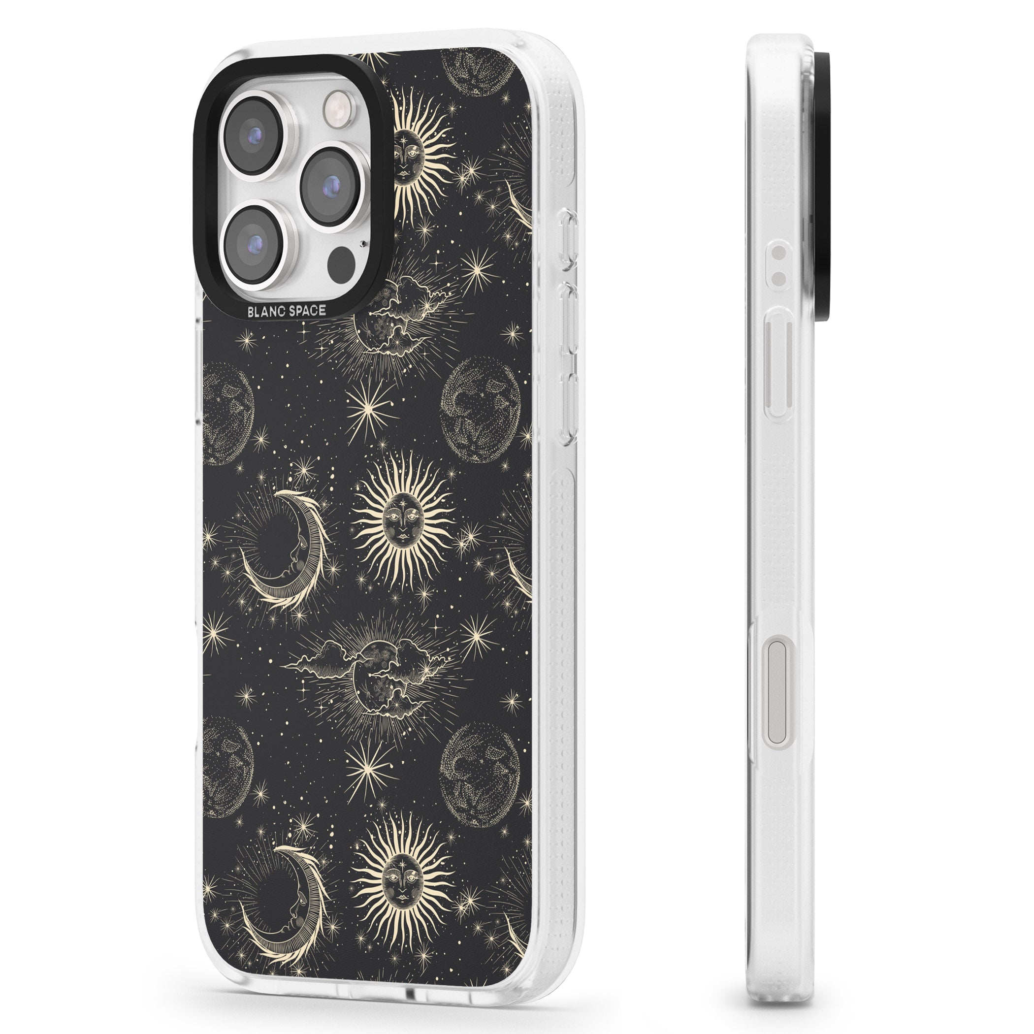 Large Suns, Moons & Clouds Astrological iPhone 16 Pro Max / 16 Pro Clear Case Impact Air - Blanc Space