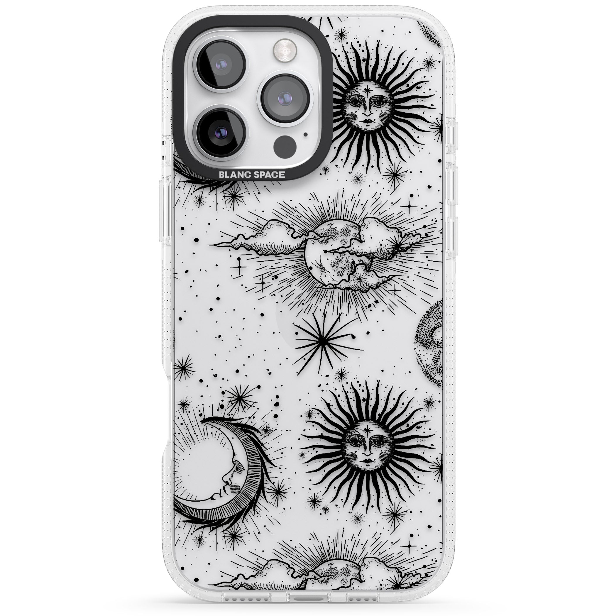 Transparent Suns, Moons & Clouds iPhone 16 Pro Max / 16 Pro Clear Case Impact Air - Blanc Space