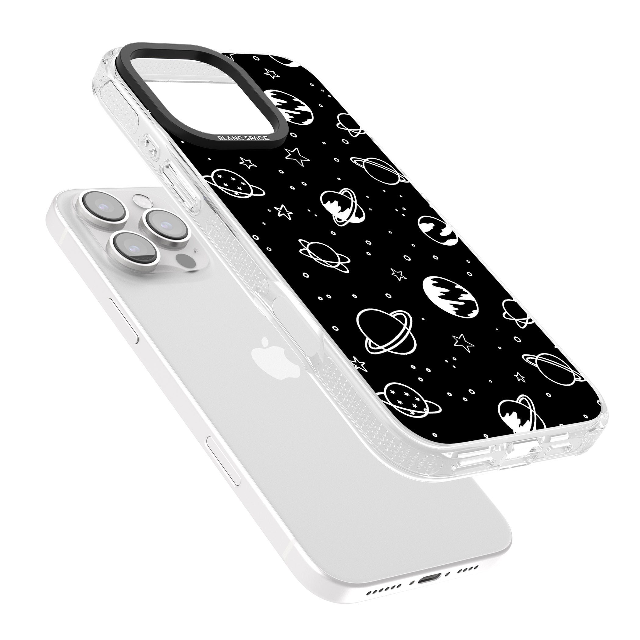 Cosmic Outer Space Design White on Black iPhone 16 Pro Max / 16 Pro Clear Case Impact Air - Blanc Space