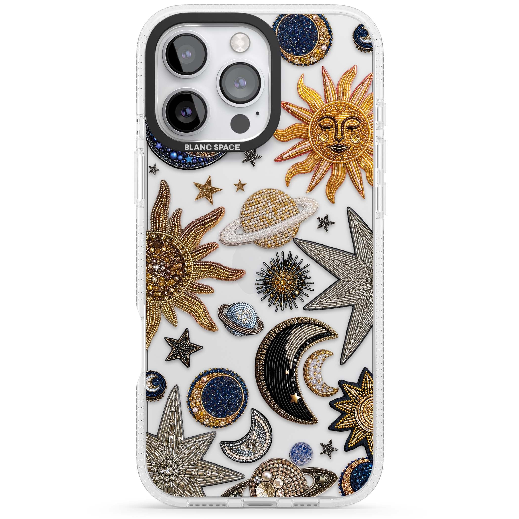 Beaded Cosmos celestial iPhone case featuring embroidered golden suns, beaded planets and silver shooting stars | Clear Case Impact Air case for iPhone 16 Pro, iPhone 16 Pro Max