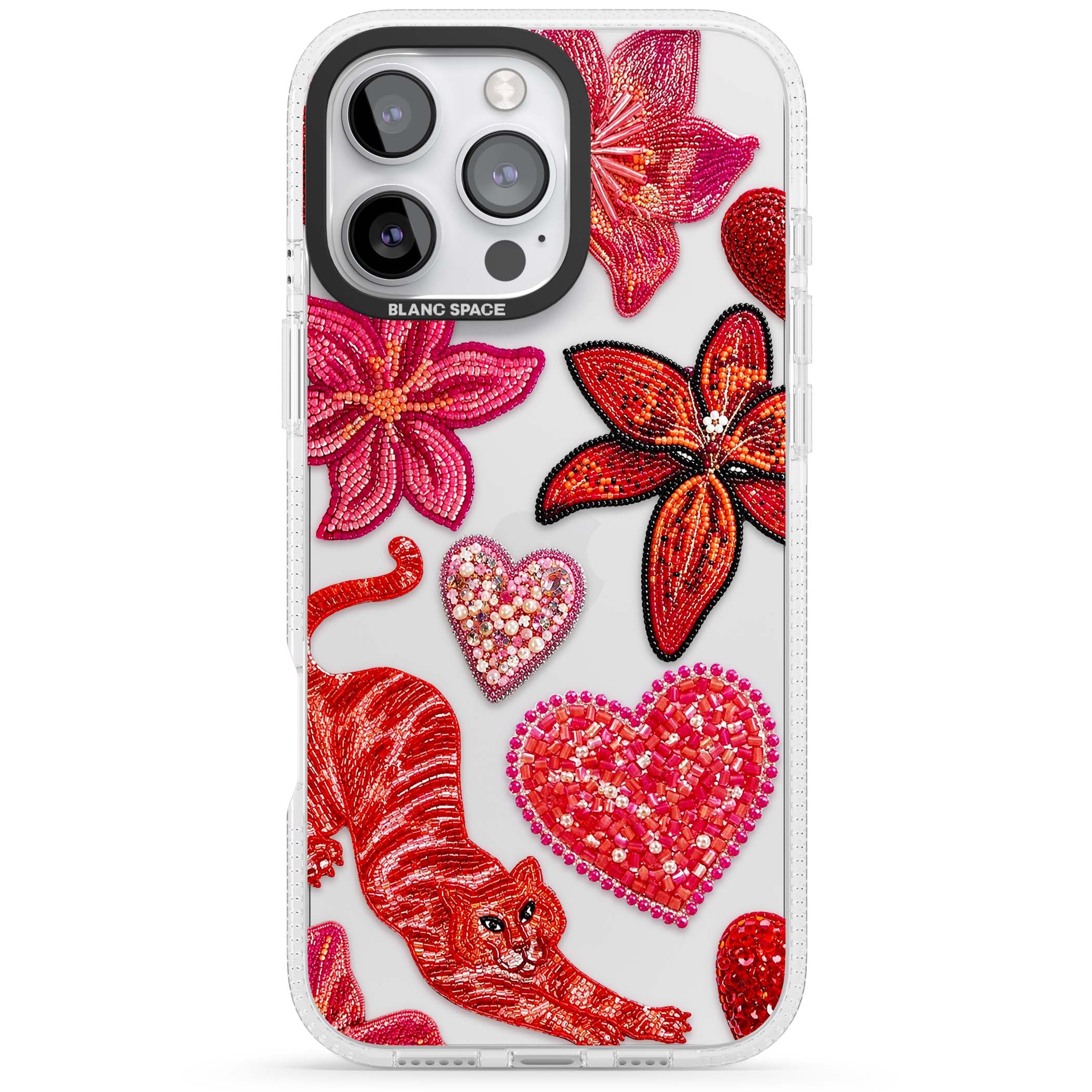 Beaded Boho floral iPhone case featuring beaded red lilies, a stitched tiger, and pearl-encrusted hearts on clear | Clear Case Impact Air case for iPhone 16 Pro, iPhone 16 Pro Max