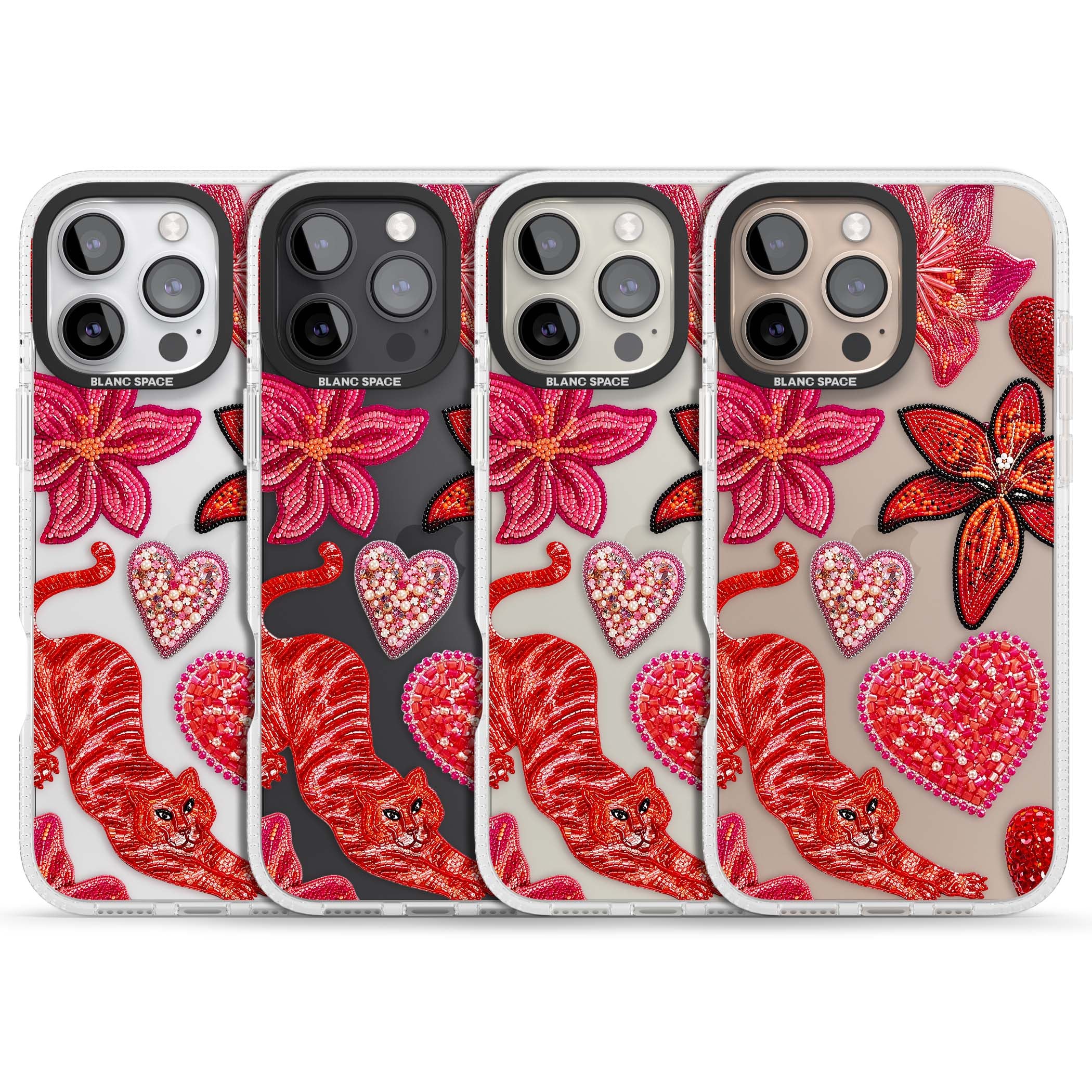 Beaded Boho floral iPhone case featuring beaded red lilies, a stitched tiger, and pearl-encrusted hearts on clear | Clear Case Impact Air case for iPhone 16 Pro, iPhone 16 Pro Max