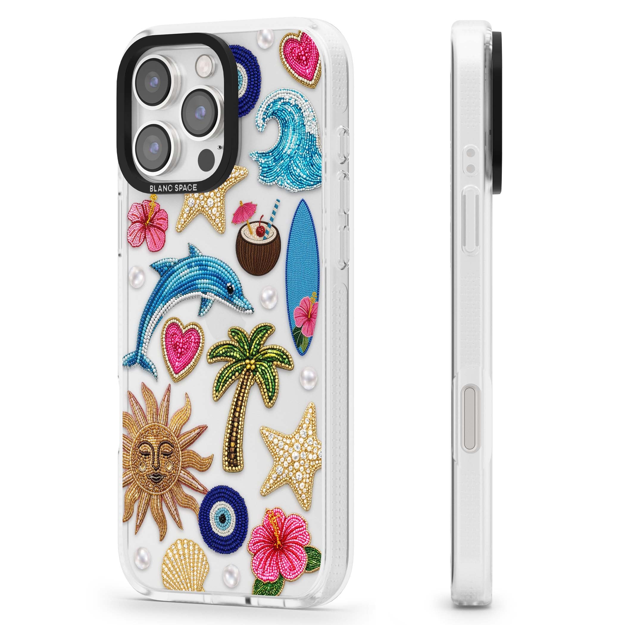 Beaded Beach coastal summer iPhone case featuring embroidered evil eye, hibiscus flowers, dolphin and palm tree patches | Clear Case Impact Air case for iPhone 16 Pro, iPhone 16 Pro Max