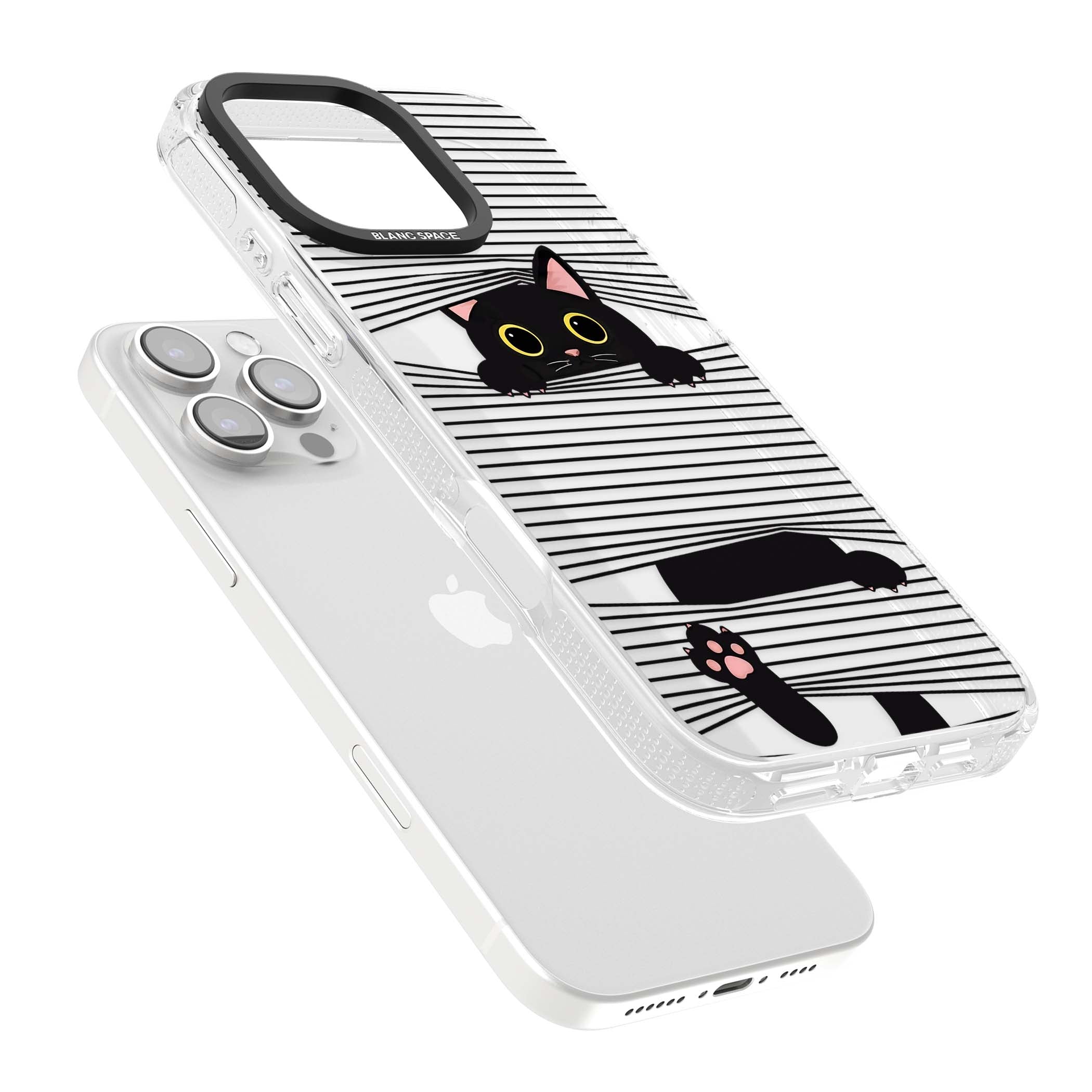 Peek-a-Boo Cat minimal iPhone case featuring black cat peeking through horizontal black and white stripes | Clear Case Impact Air case for iPhone 16 Pro, iPhone 16 Pro Max