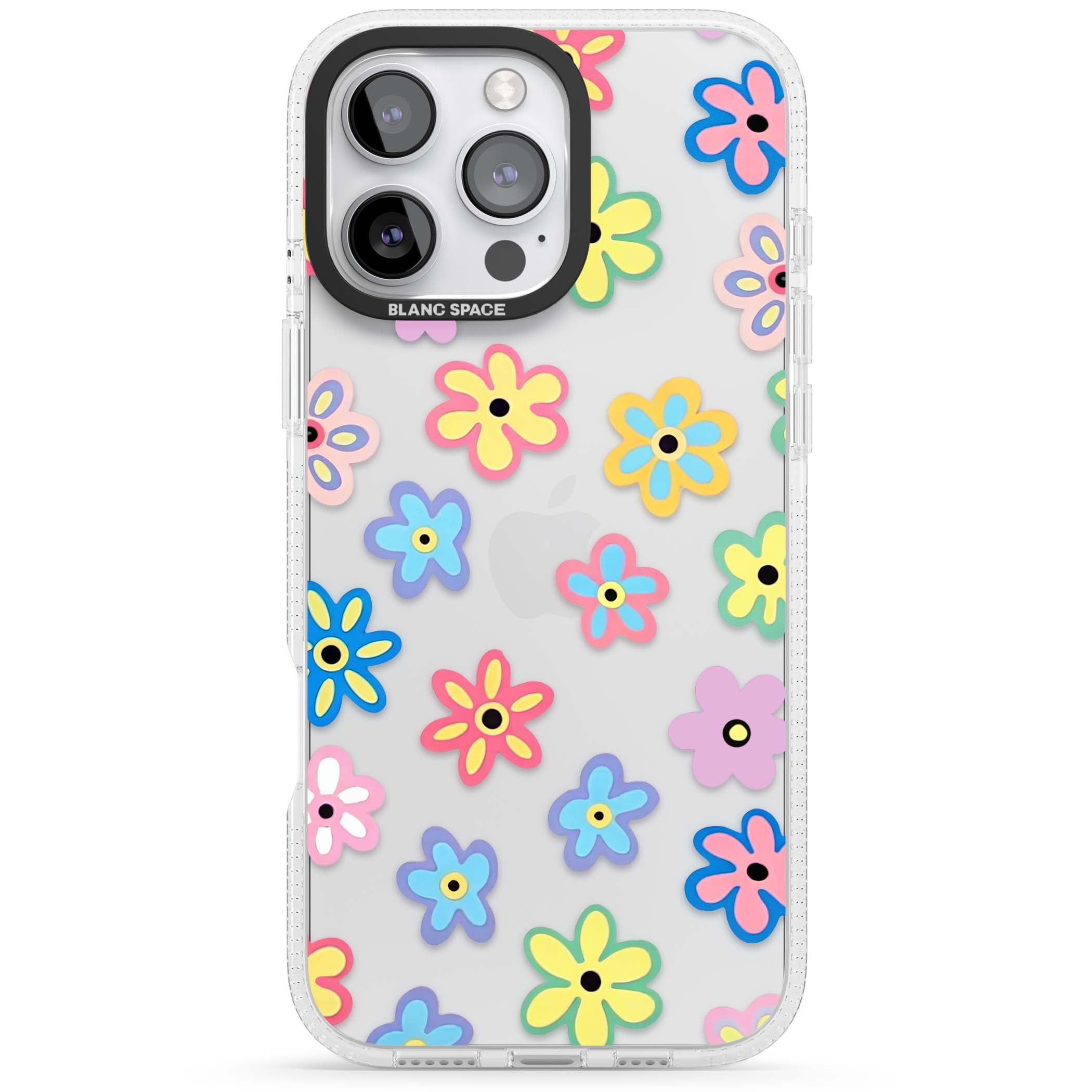 Bloom Pop cottagecore iPhone case featuring multicolor pastel flowers with black centers on clear background | Clear Case Impact Air case for iPhone 16 Pro, iPhone 16 Pro Max