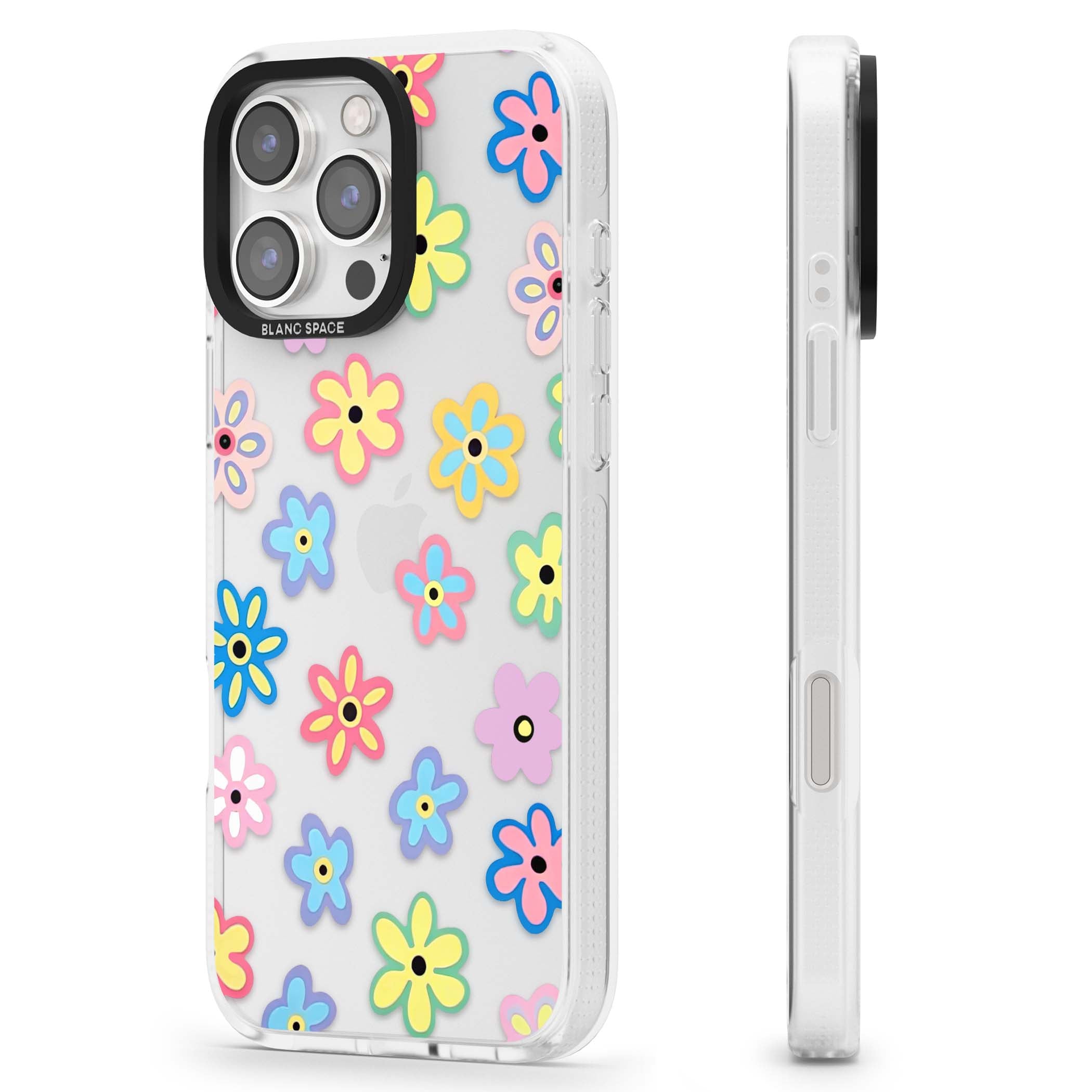 Bloom Pop cottagecore iPhone case featuring multicolor pastel flowers with black centers on clear background | Clear Case Impact Air case for iPhone 16 Pro, iPhone 16 Pro Max