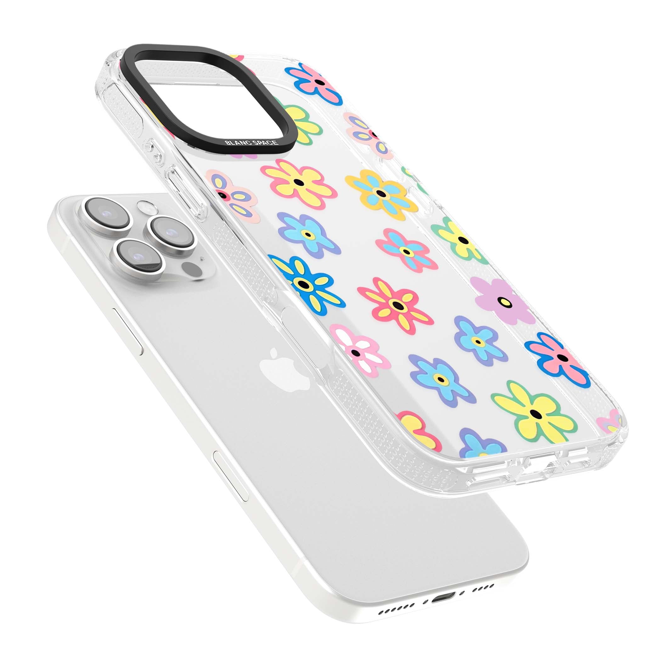 Bloom Pop cottagecore iPhone case featuring multicolor pastel flowers with black centers on clear background | Clear Case Impact Air case for iPhone 16 Pro, iPhone 16 Pro Max