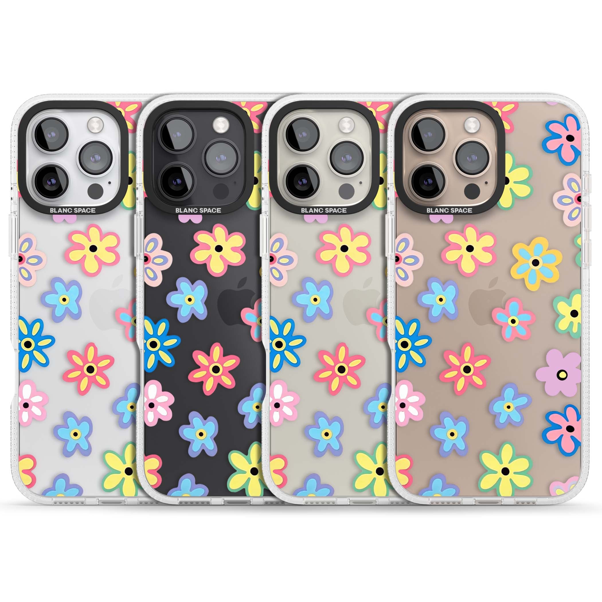 Bloom Pop cottagecore iPhone case featuring multicolor pastel flowers with black centers on clear background | Clear Case Impact Air case for iPhone 16 Pro, iPhone 16 Pro Max