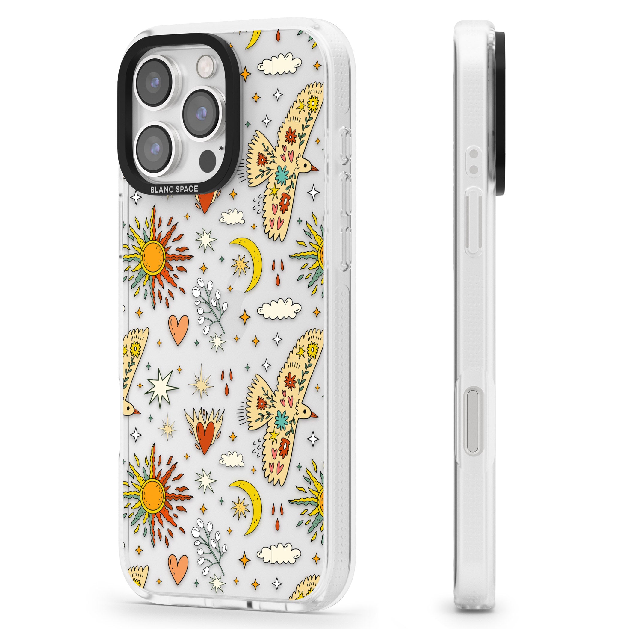 Boho Celestial Floral Bird & Sun iPhone 16 Pro Max / 16 Pro Clear Case Impact Air - Blanc Space