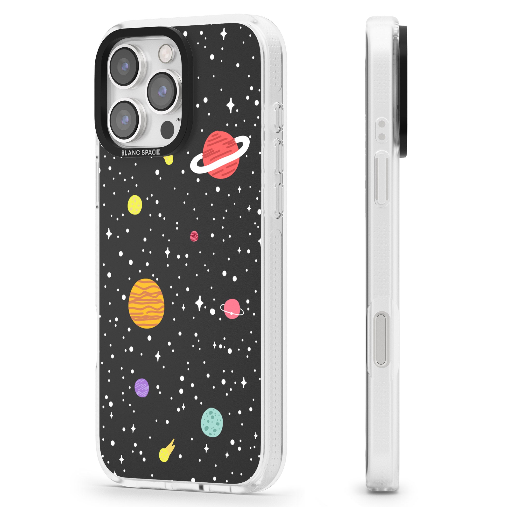 Cute Cartoon Planets iPhone 16 Pro Max / 16 Pro Clear Case Impact Air - Blanc Space