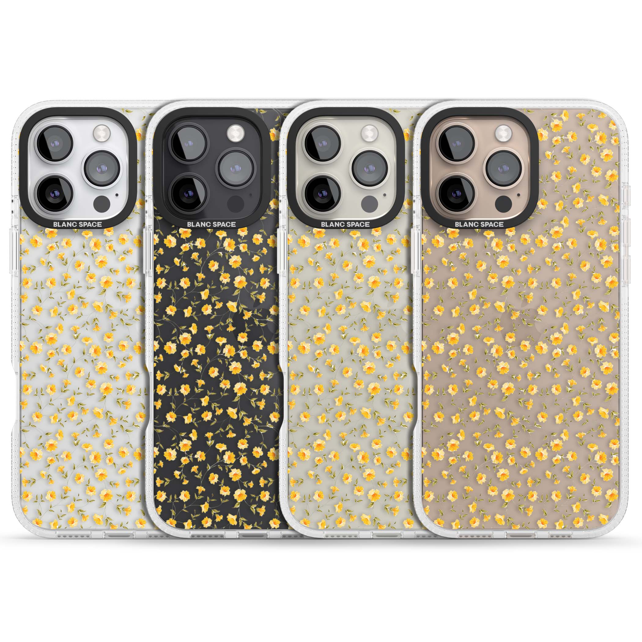 Buttercup wildflower iPhone case featuring tiny yellow flowers and trailing green vines on clear | Clear Case Impact Air case for iPhone 16 Pro, iPhone 16 Pro Max