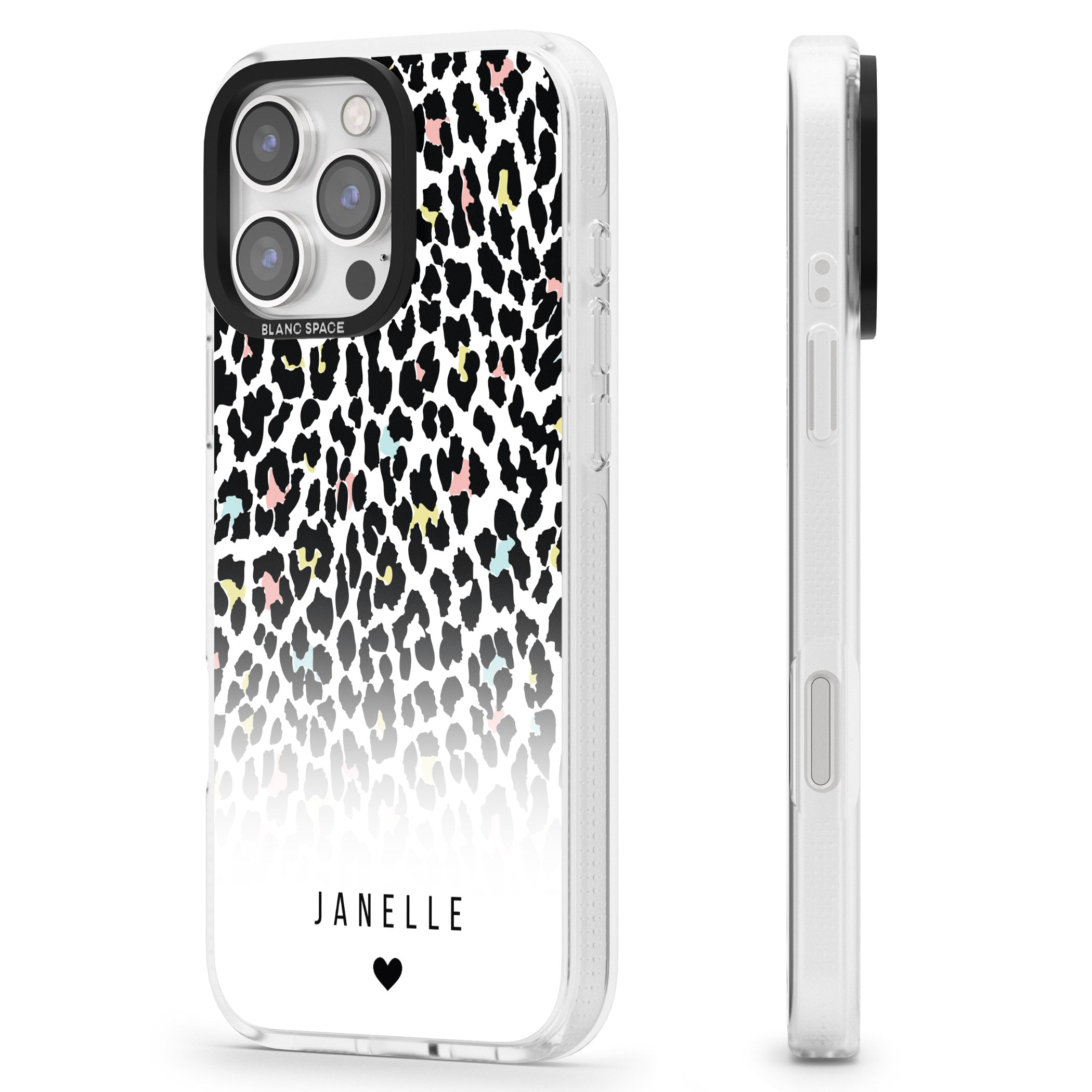 Personalised Pastel Leopard Spots iPhone 16 Pro Max / 16 Pro Clear Case Impact Air - Blanc Space